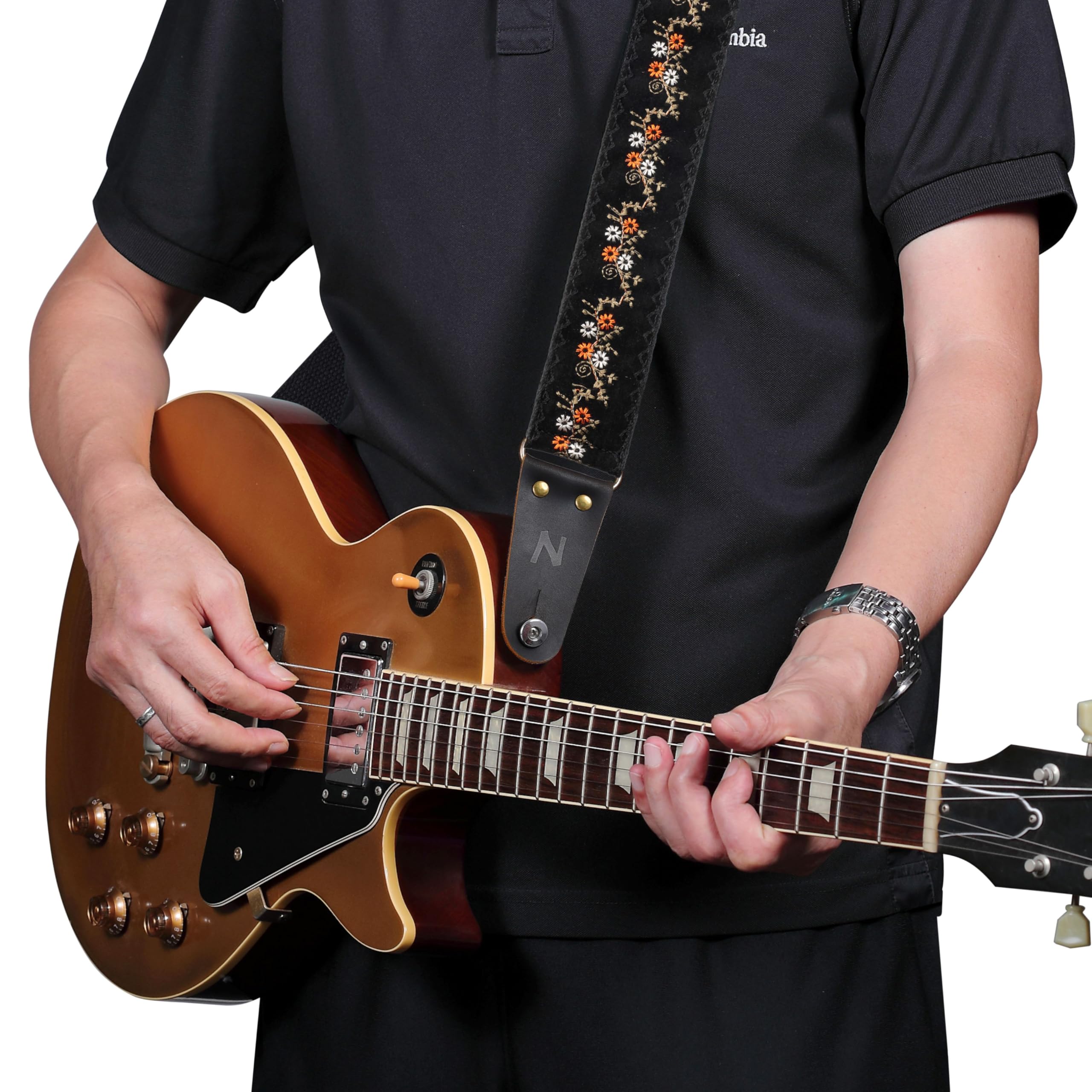 Nefelibata Guitar Strap, Flower Embroidery Guitar Straps with Head Cowhide Leather Ends for Bass, Electric & Acoustic Guitars, C