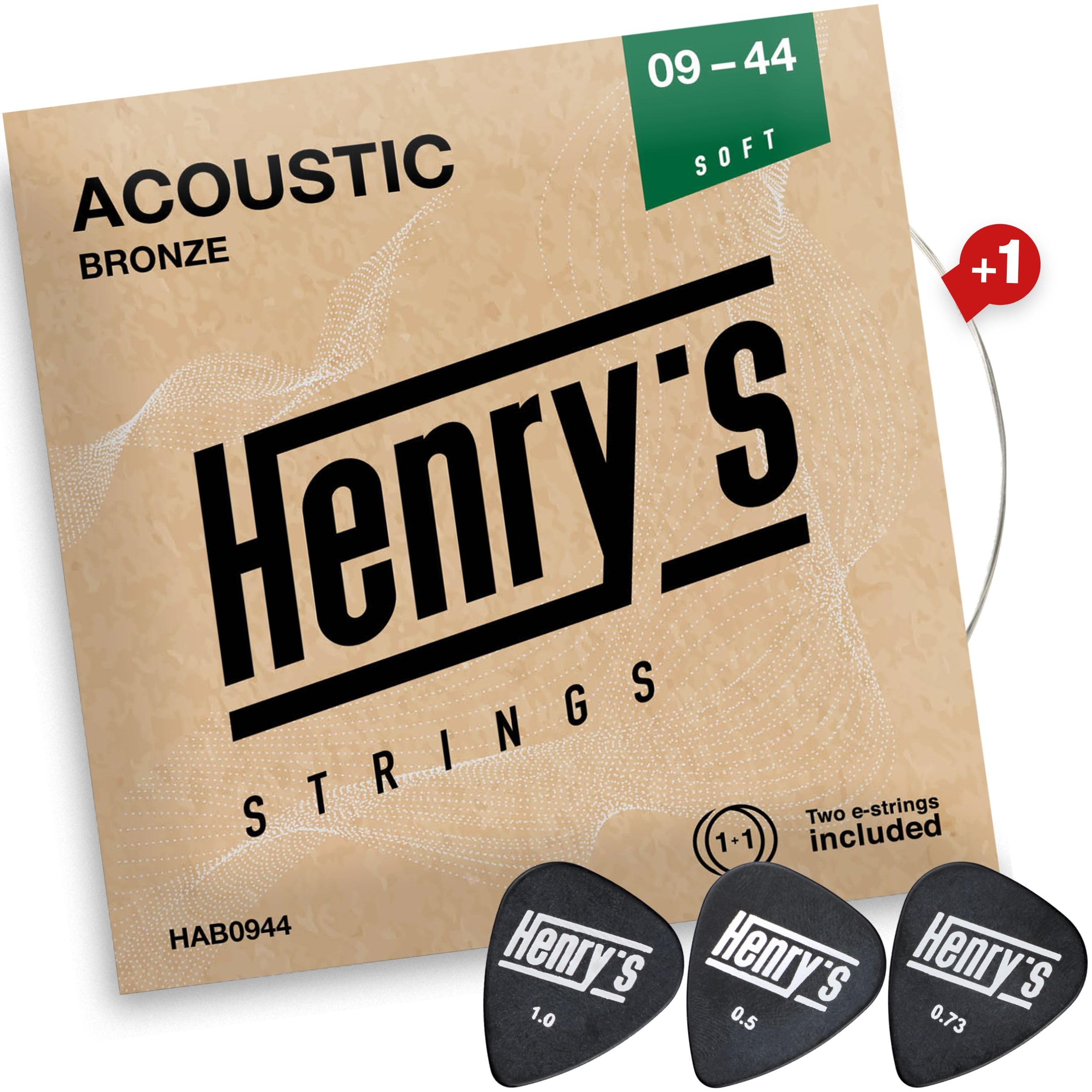 Extra Light Acoustic Guitar Strings 09-44 - Easy On Fingers & Excellent Sound - Extra E-1 String & 3 Guitar Picks - Super Light