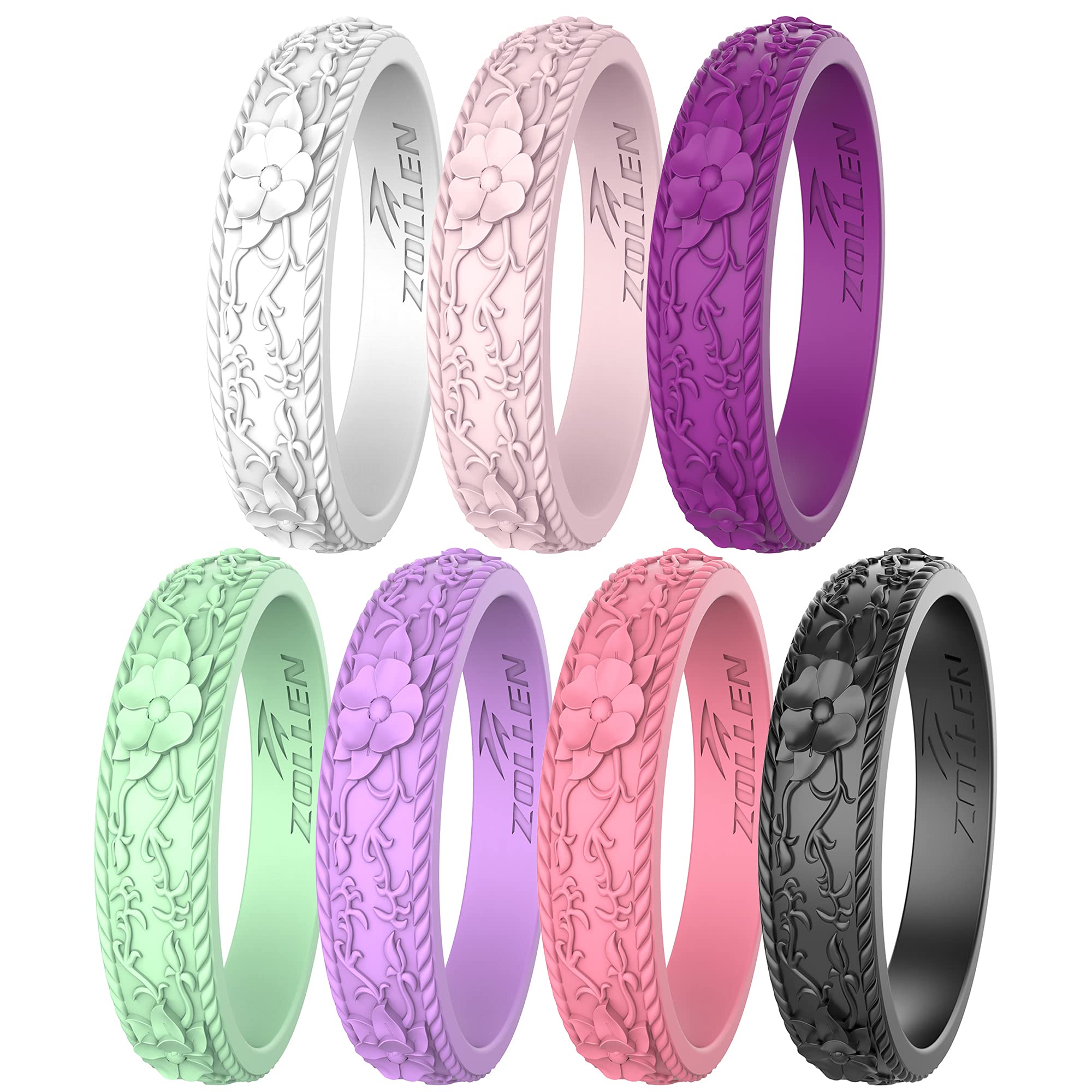 Zollen Silicone Wedding Rings For Women 7 Packs -Stackable Silicone Rubber Wedding Bands - Innovative Flower  Vine Collection, S