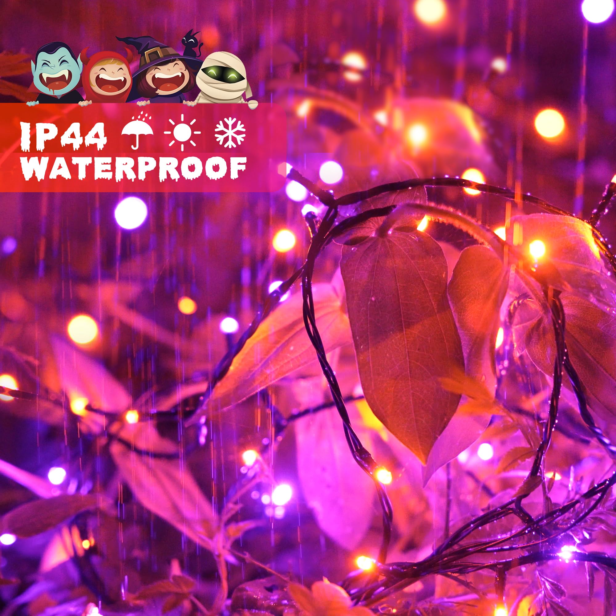 JMEXSUSS 250LED halloween string lights Outdoor Waterproof, 8 Lighting Modes orange and purple alternating dual-color fairy ligh