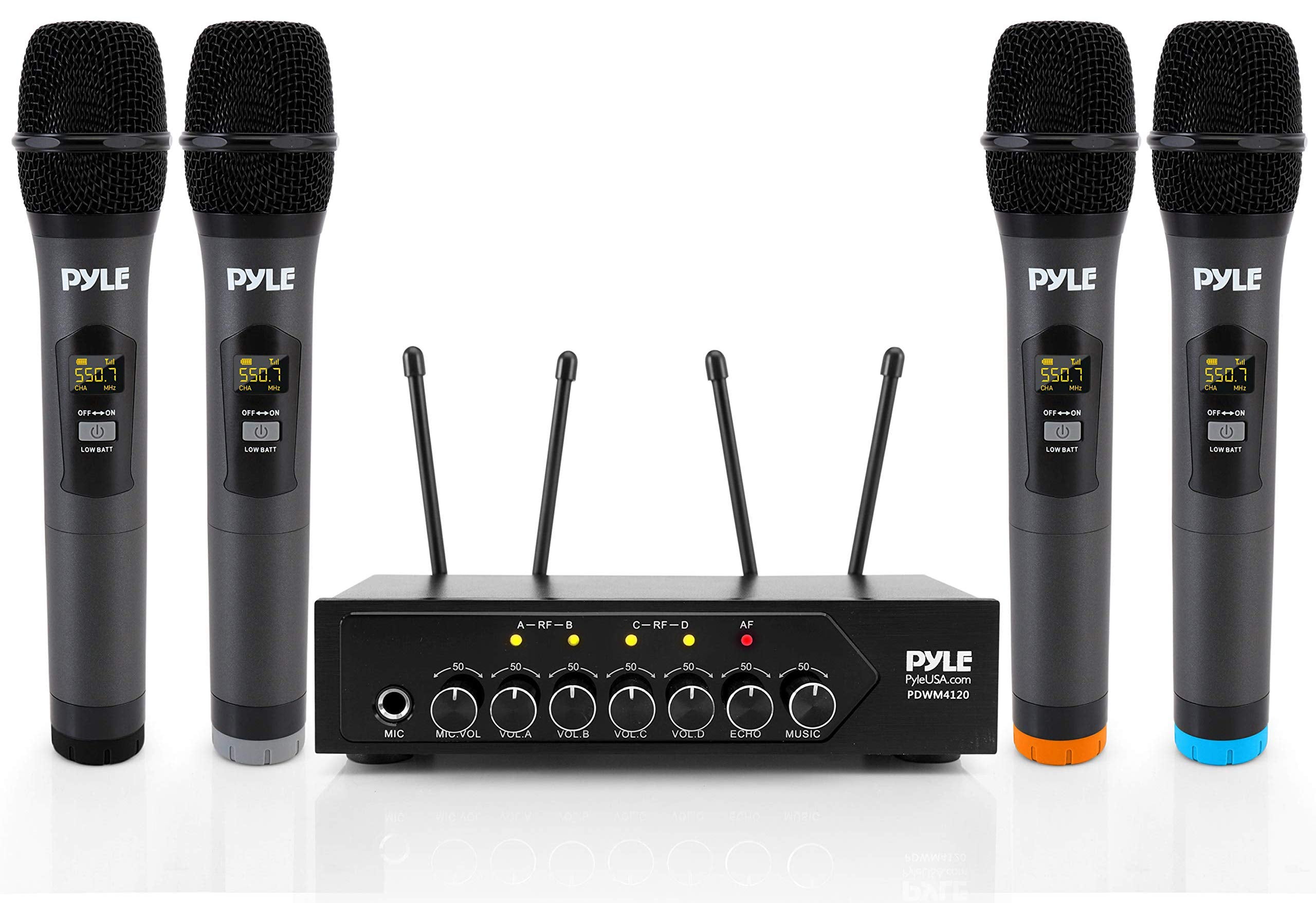 Pyle Portable Uhf Wireless Microphone System - Battery Operated Four Bluetooth Cordless Microphone Set With 50 Channels Selectab