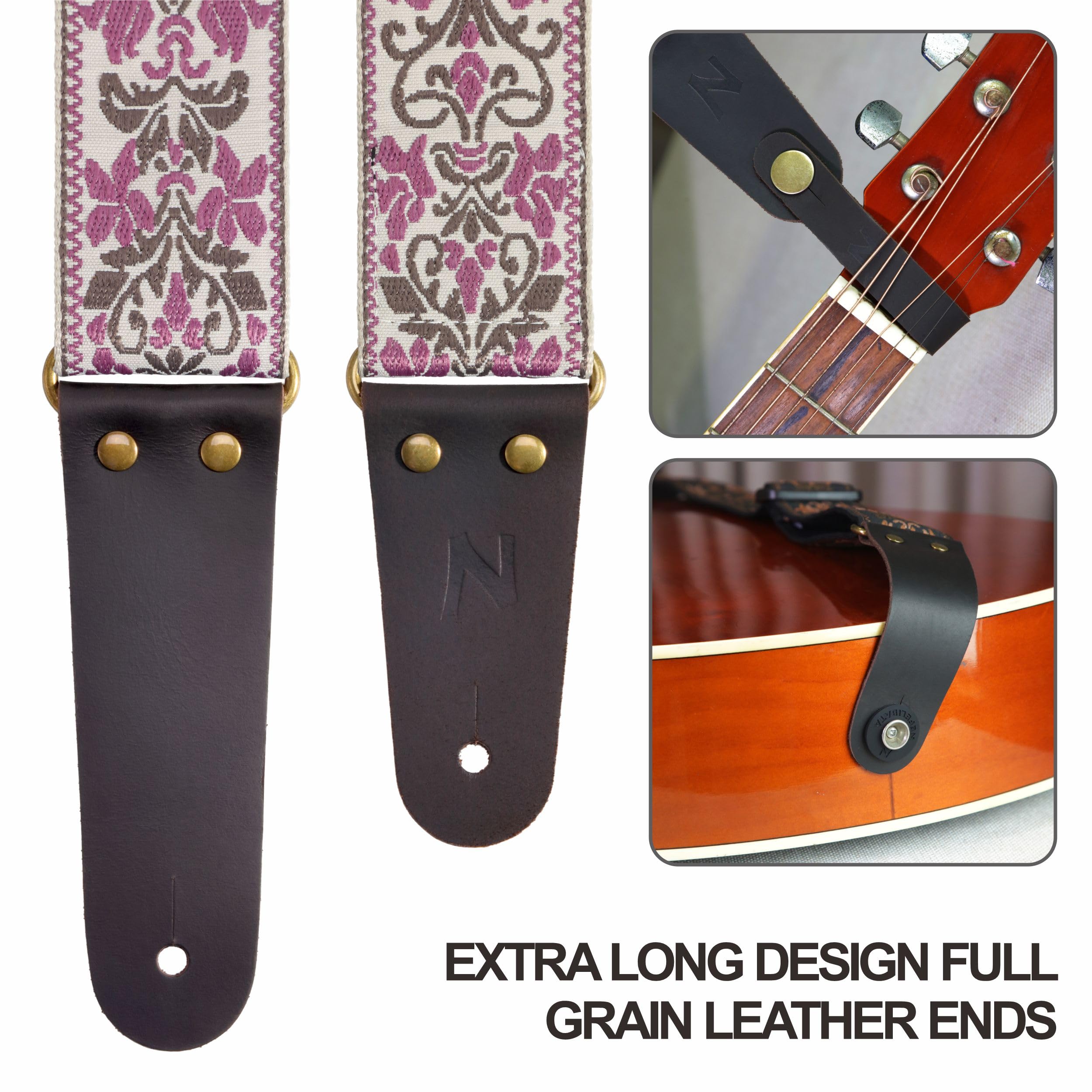 Nefelibata Guitar Strap, 2'' Jacquard Embroidery Guitar Straps, Full Grain Leather Ends with Hidden Pocket, for Bass, Electric a