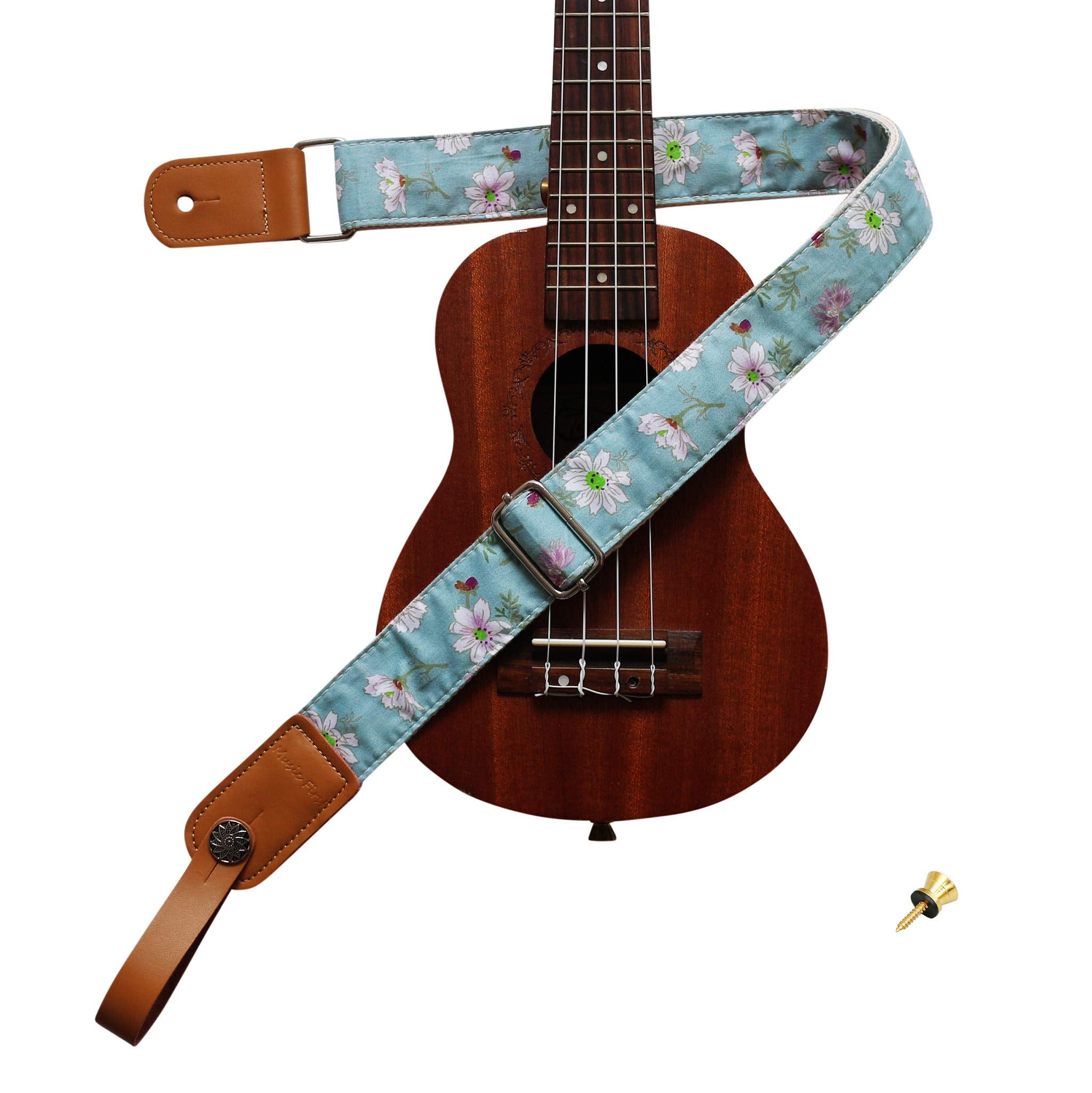 MUSIC FIRST Original Design Vintage Blue Daisy    Soft Muslin & Genuine Leather Ukulele Strap Ukulele Shoulder Strap With a Genu