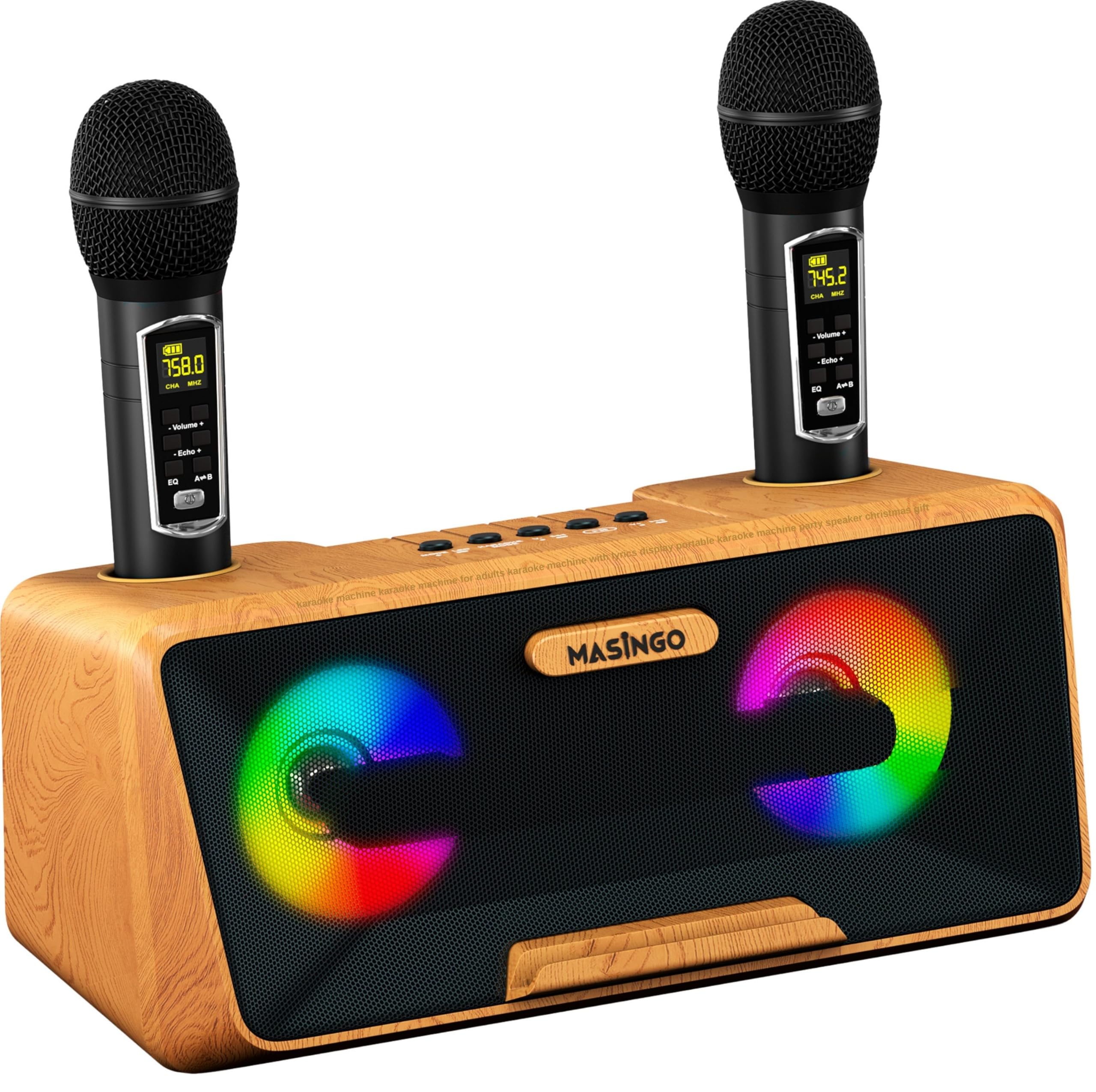 MASINGO Karaoke Machine for Adults and Kids with 2 Wireless Microphones, Portable Bluetooth Singing Speaker, Colorful LED Lights