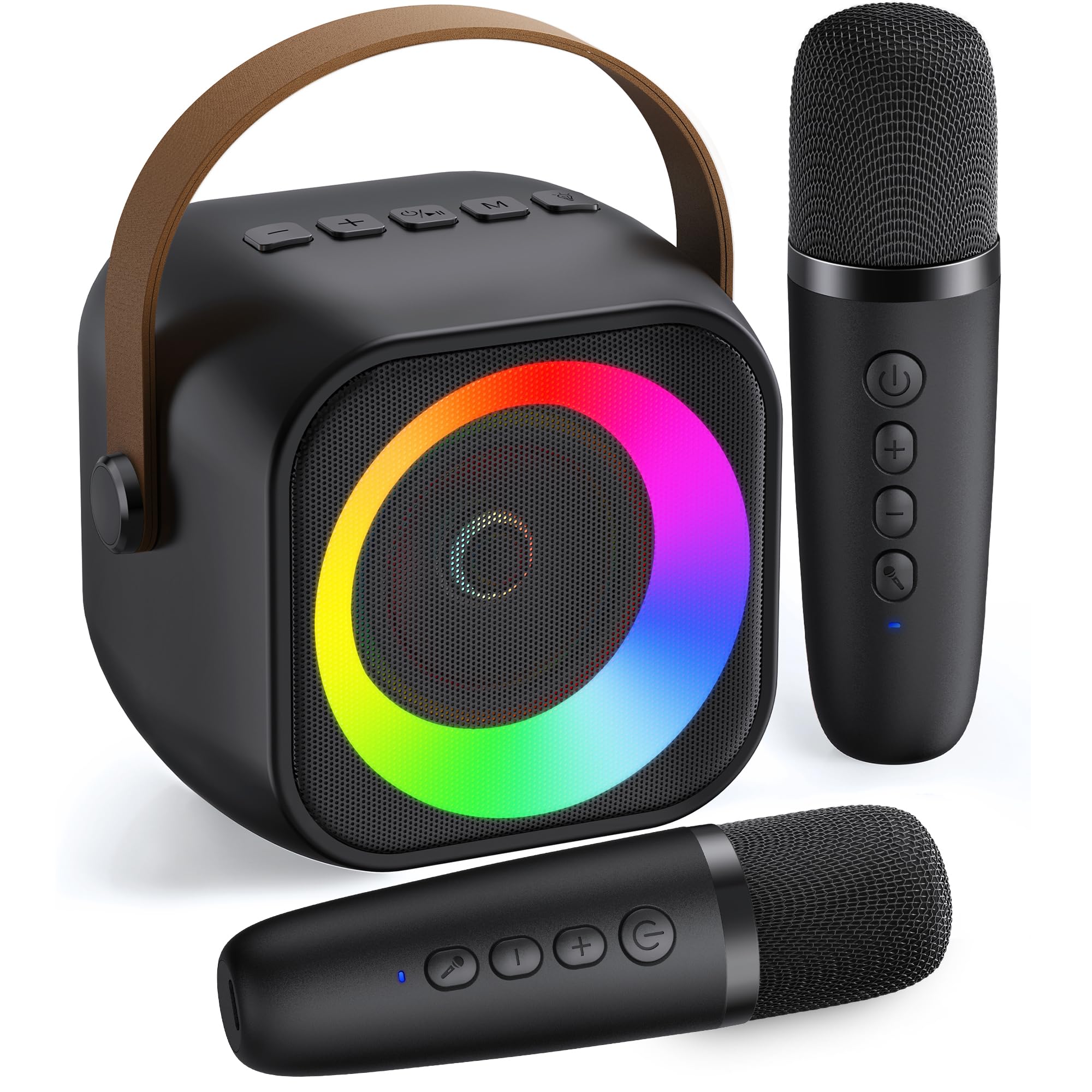 Mini Karaoke Machine, Portable Bluetooth Karaoke Speaker with 2 Wireless Microphones and Party Lights for Kids and Adults, Birth