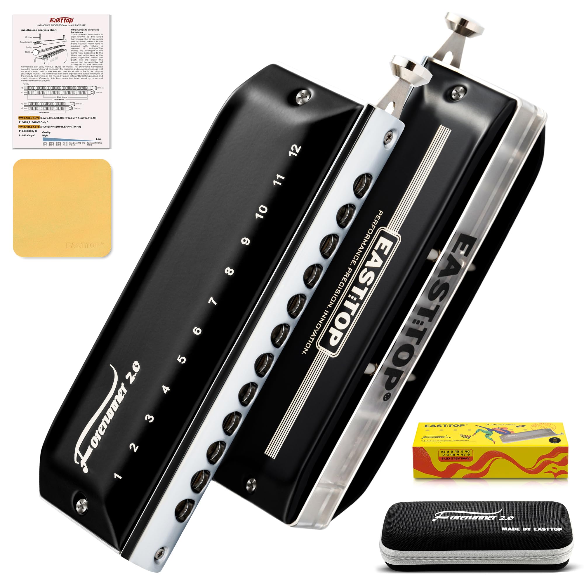 EAST TOP Updated FORERUNNER 2.0 without valves Chromatic Harmonica 12-Hole 48 Tones G Key Chromatic Mouth Organ Harmonica for Ad