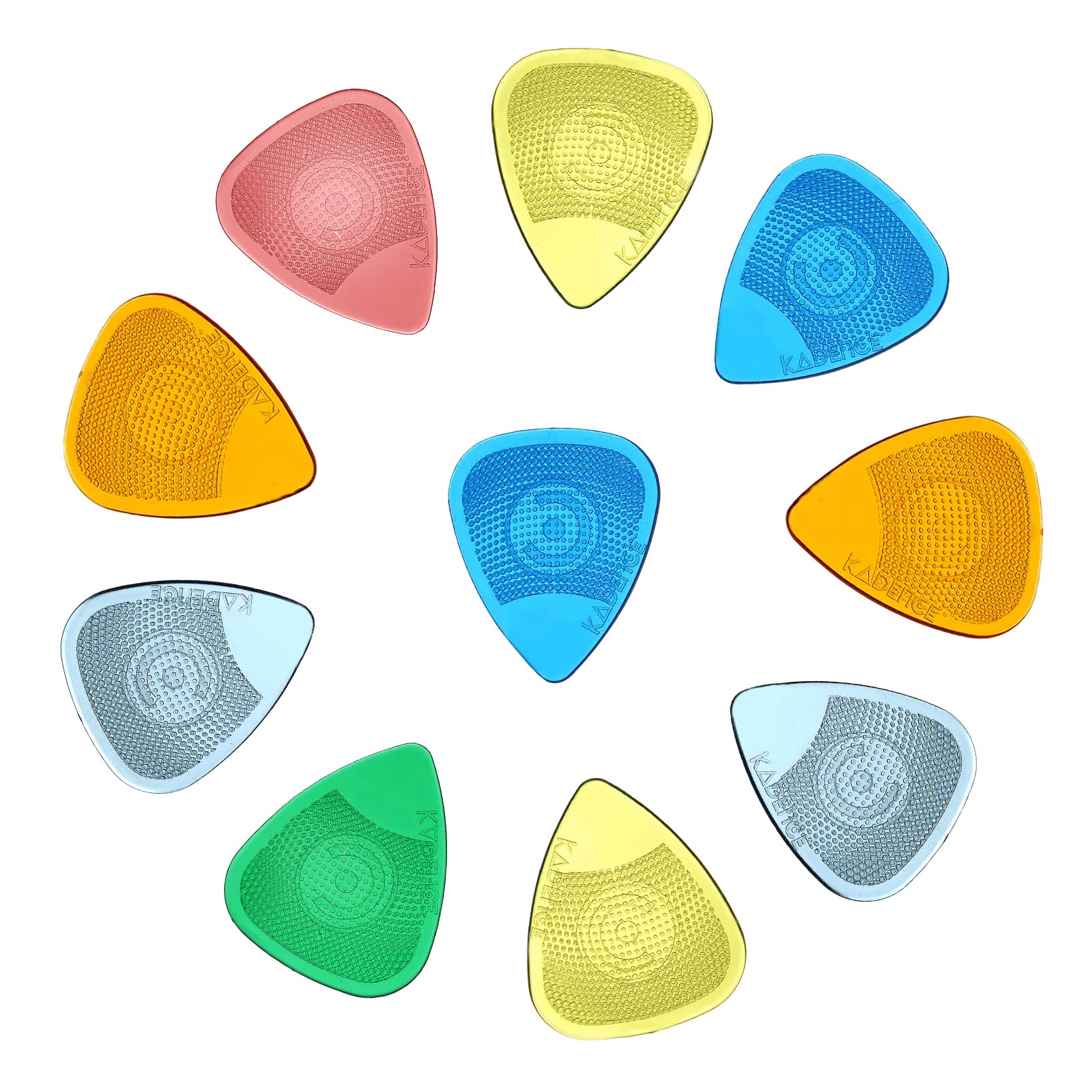 Kadence 10 Guitar Picks with Hostile Grip in 0.48, 0.58, 0.71, 0.77, 0.88 and 0.99mm with Mix Colors, Anti slip, Stronger, Guita