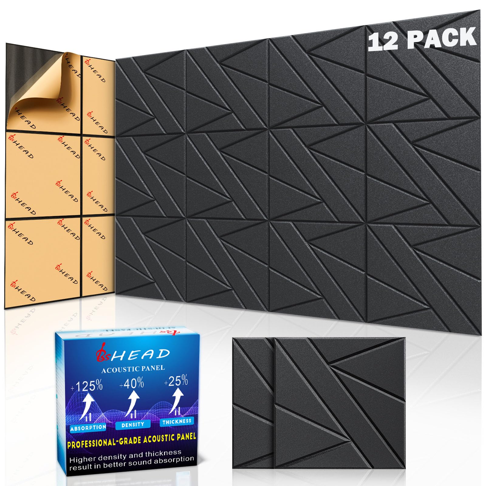 12 Pack Self-Adhesive Soundproof Wall Panels, 12 X 12 X 0.47 In Sound Proof Foam Panels For Walls, 1.2Lb/Ft High Density, Thicke