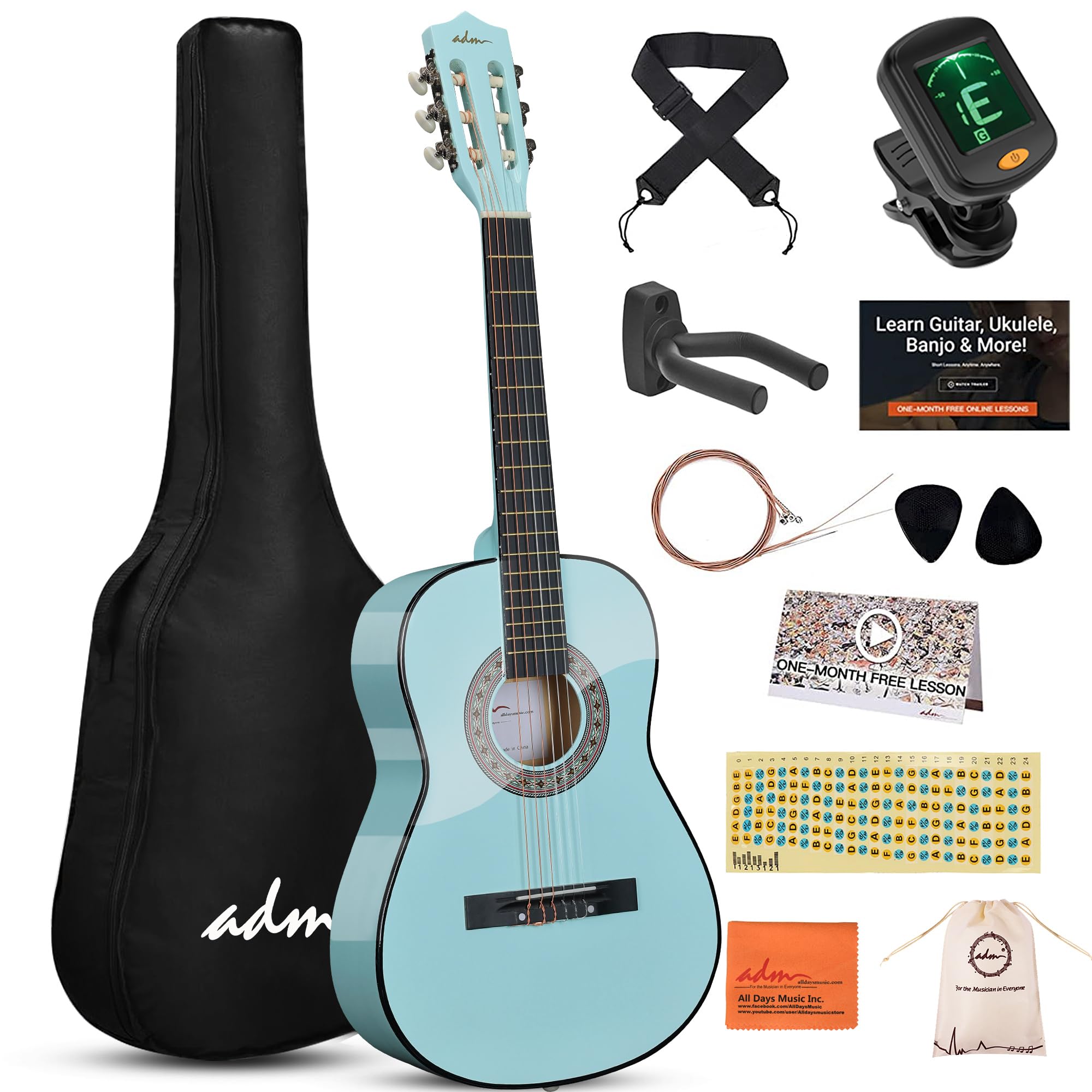 Adm Beginner Acoustic Classical Guitar 36 Inch Nylon Strings Wooden Guitar Bundle Kit For Kid Boy Girl Student Youth Guitarra On