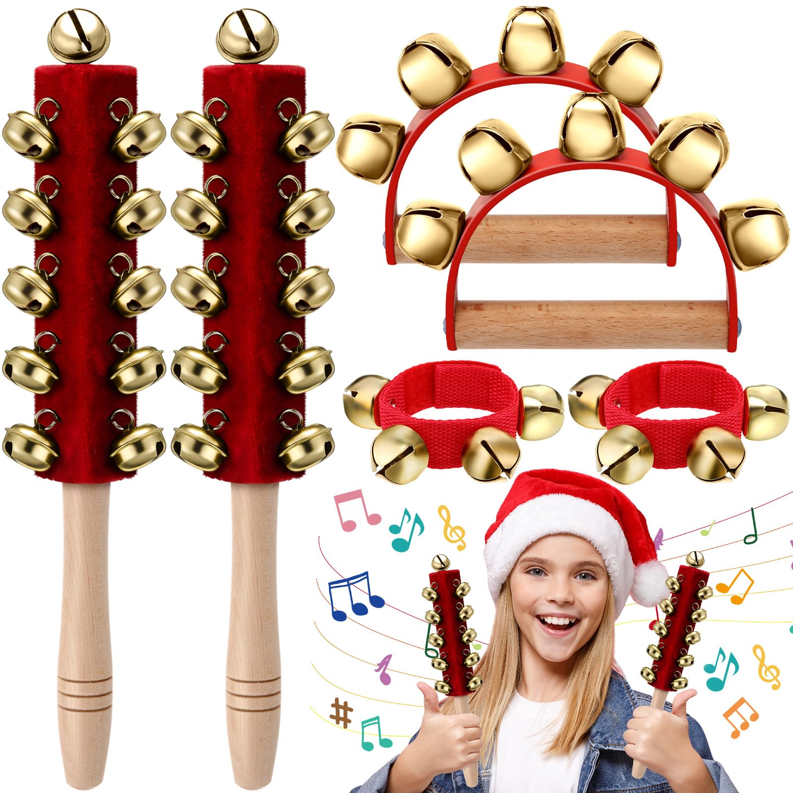 Boao 6 Pcs Christmas Hand Jingle Bells Wooden Handle Sleigh Bells Wrist Band Bells Sleigh Bells Instrument Shaker Rattle Musical