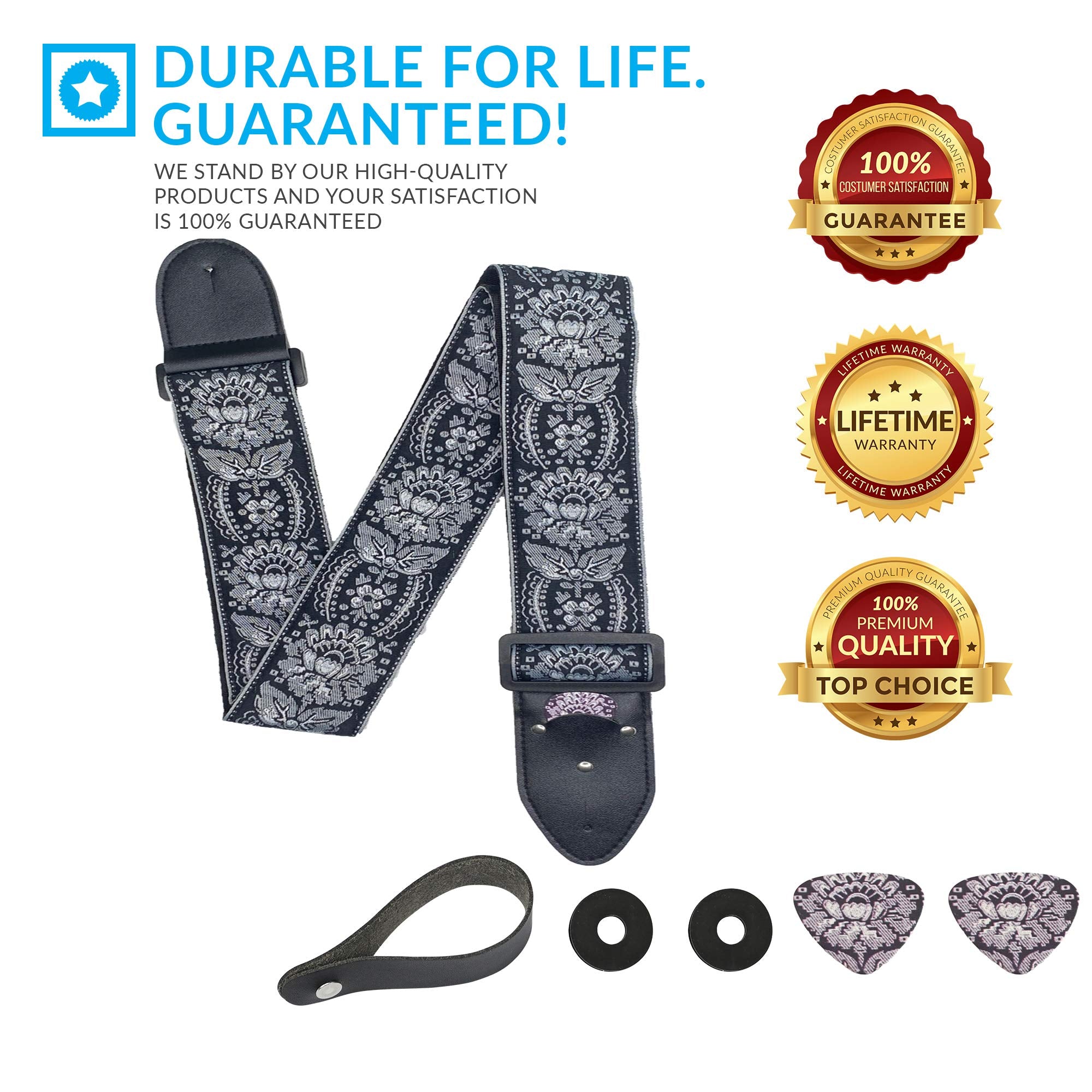 Guitar Strap Royal Black Silver Woven Christmas Gift W/ FREE BONUS- 2 Picks + Strap Locks + Strap Button. For Bass, Electric & A