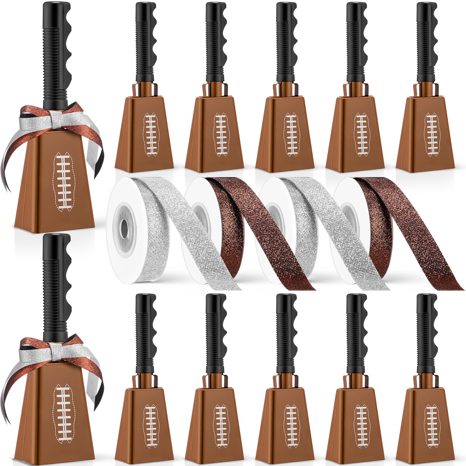 WinnerWhy 12 PCS 9 Cowbell with Handle Football Steel Cheering Cow Bells Noise Maker with 4 Rolls Ribbons Large Loud Cow Hand 