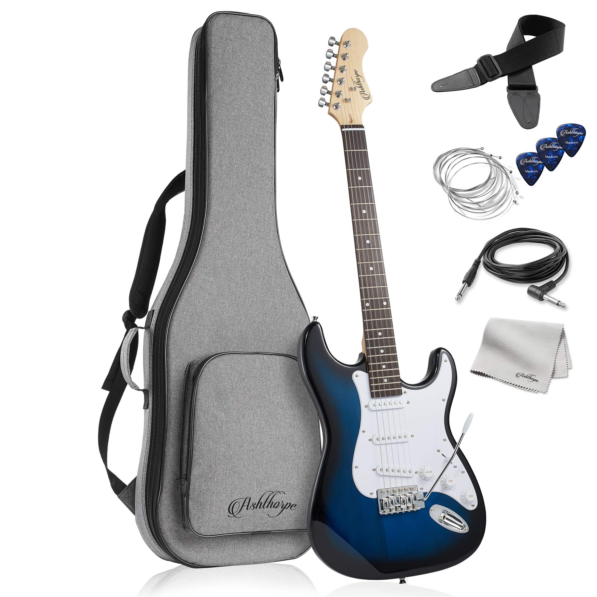 Ashthorpe 39-Inch Electric Guitar (Blue-White), Full-Size Guitar Kit With Padded Gig Bag, Tremolo Bar, Strap, Strings, Cable, Cl