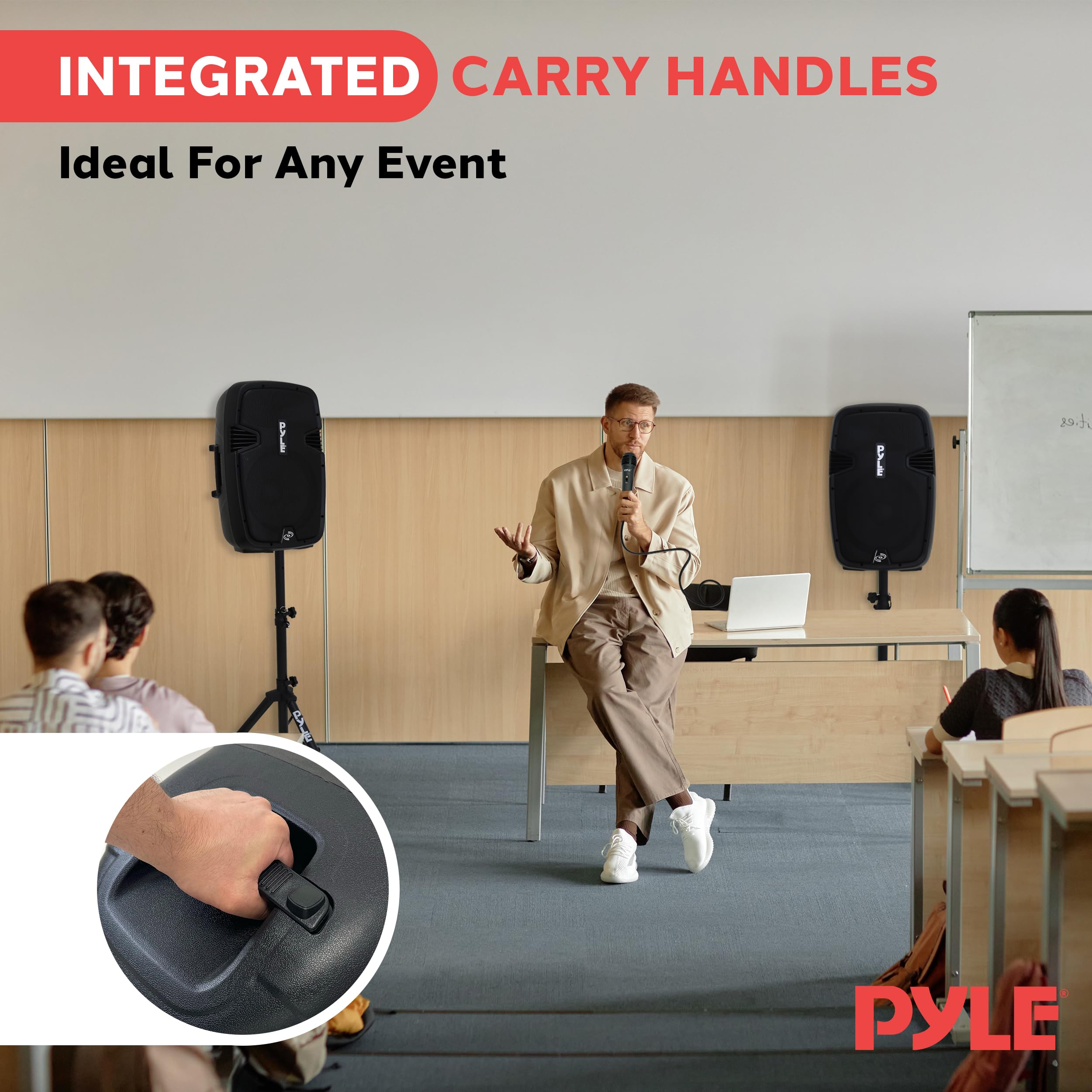 Pyle 12 Inch Active Passive Portable Bluetooth Wireless PA Dual Loudspeaker Sound System Kit with Wired Microphones, Speaker Sta