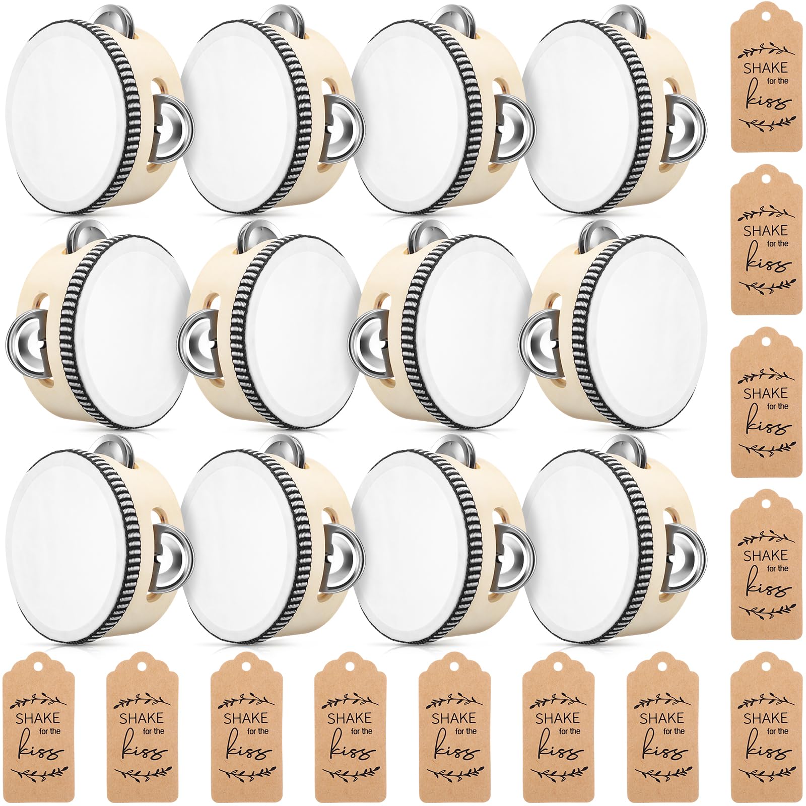 Boao 12 Sets 6 Inch Wedding Tambourines for Adults Wooden Hand Held Drum Metal Jingles with Tags Rope Percussion Musical Instrum