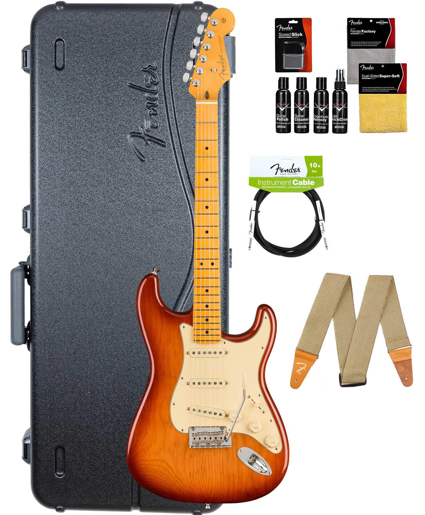 Fender American Professional Ii Stratocaster - Sienna Sunburst Bundle With Case, Strap, Cable, And Guitar Cleaning Kit