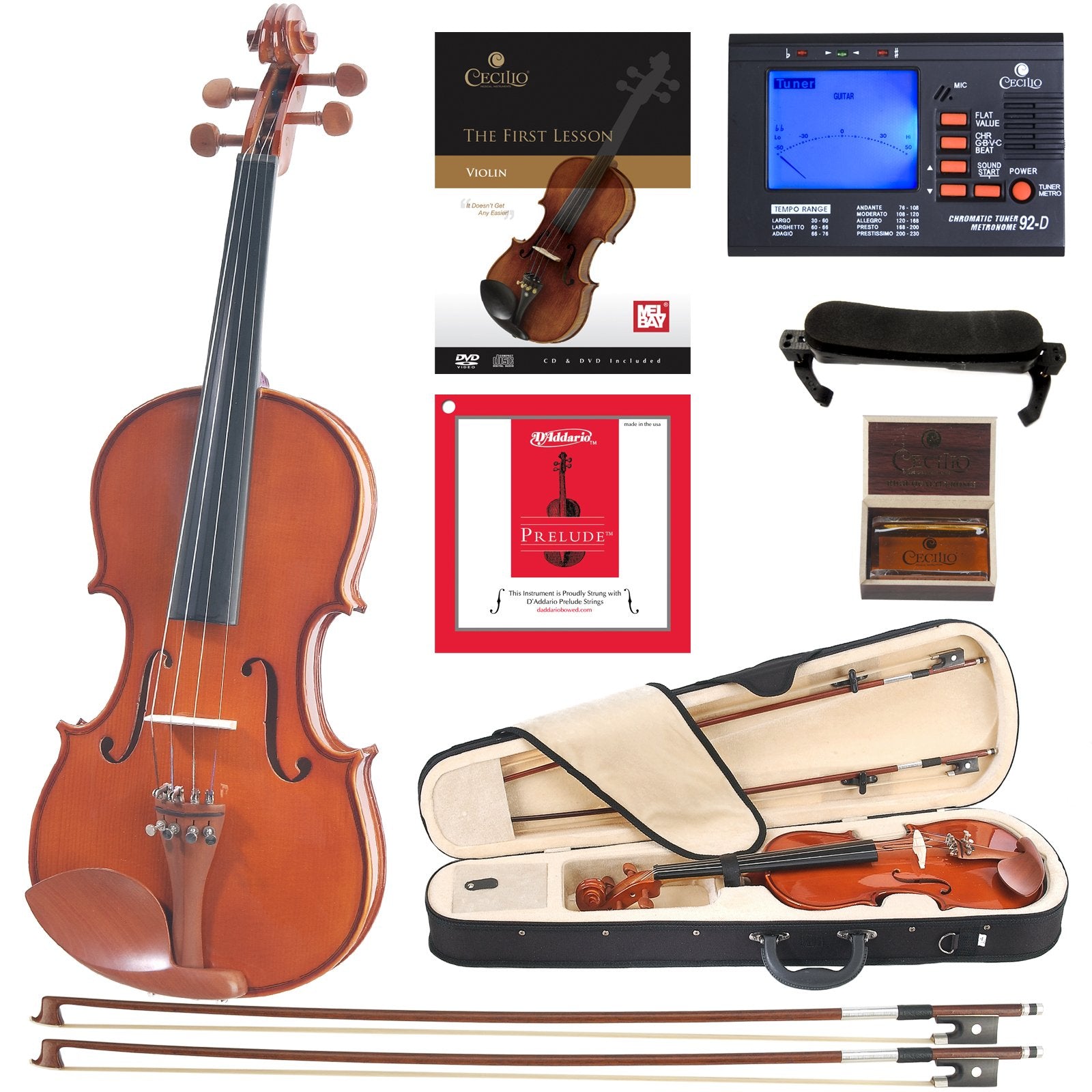 Cecilio CVN-200 Solidwood Violin with DAddario Prelude Strings, Size 1/4