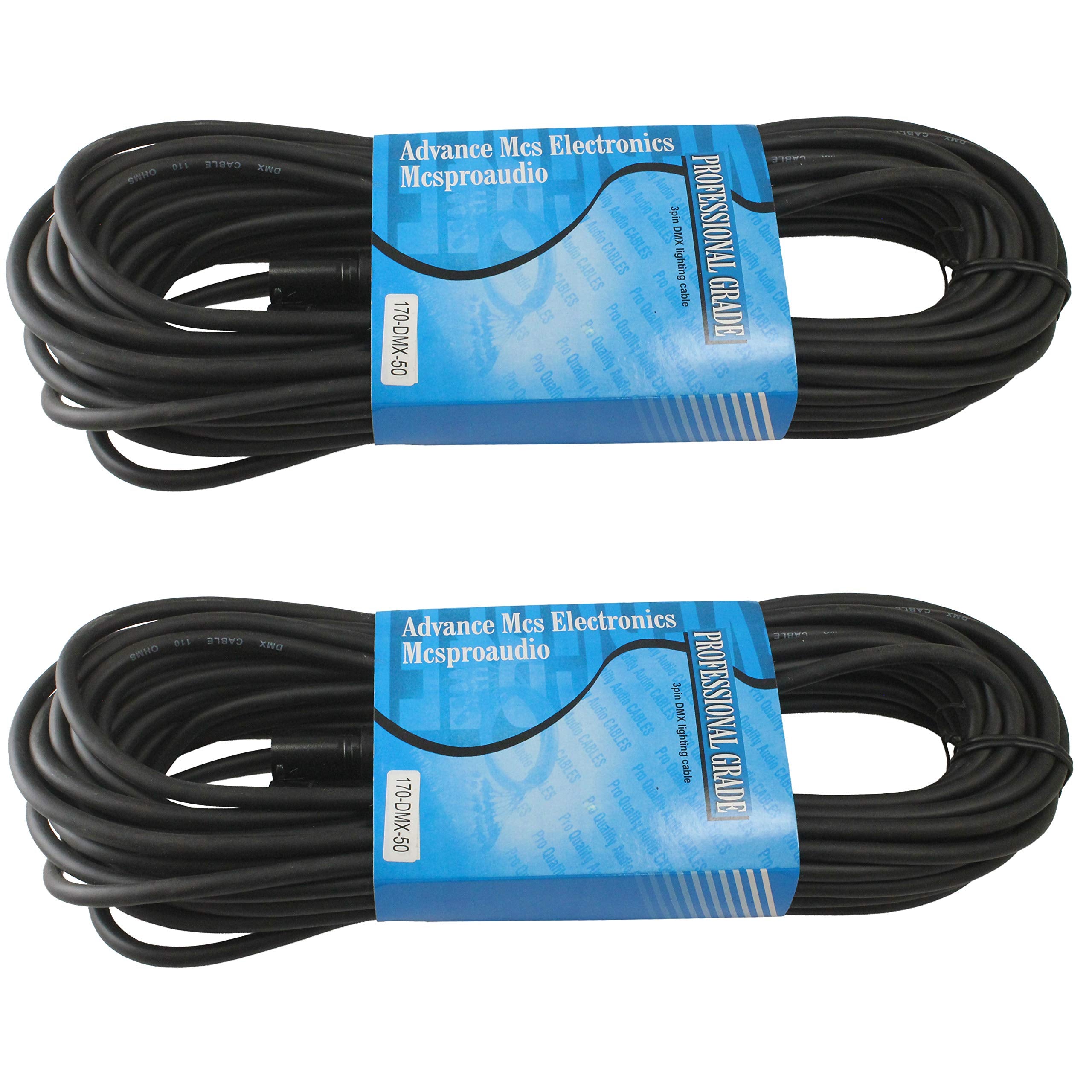 MCSPROAUDIO 110 ohm 3 Pin XLR DMX Lighting Cable (50 ft, 2 Cable Pack)