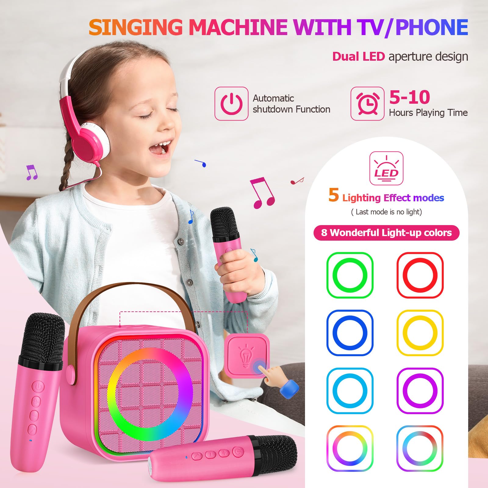 YLYYCC Mini Karaoke Machine with 2 Wireless Microphones for Kids Adults, Portable Bluetooth Singing Speaker Birthday Fun Gift fo