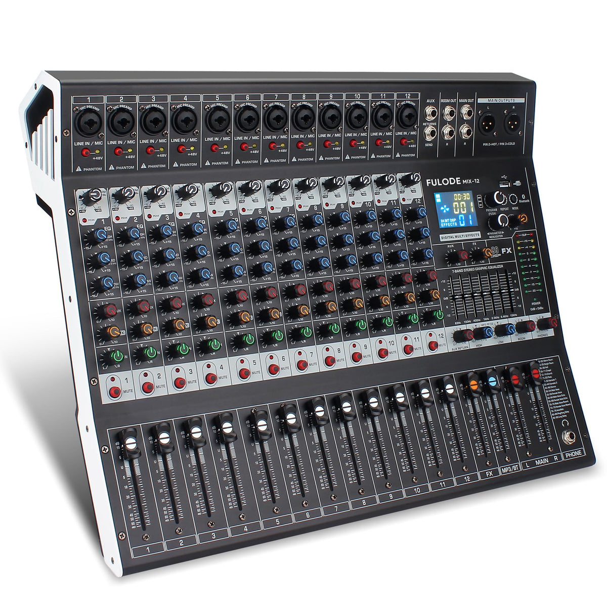 Fulode 12-Channel Bluetooth Studio Audio Mixer 99 Bit Dsp Digital Processor W/Usb Mp3 For Pc Recording Input, Rca, Xlr Microphon
