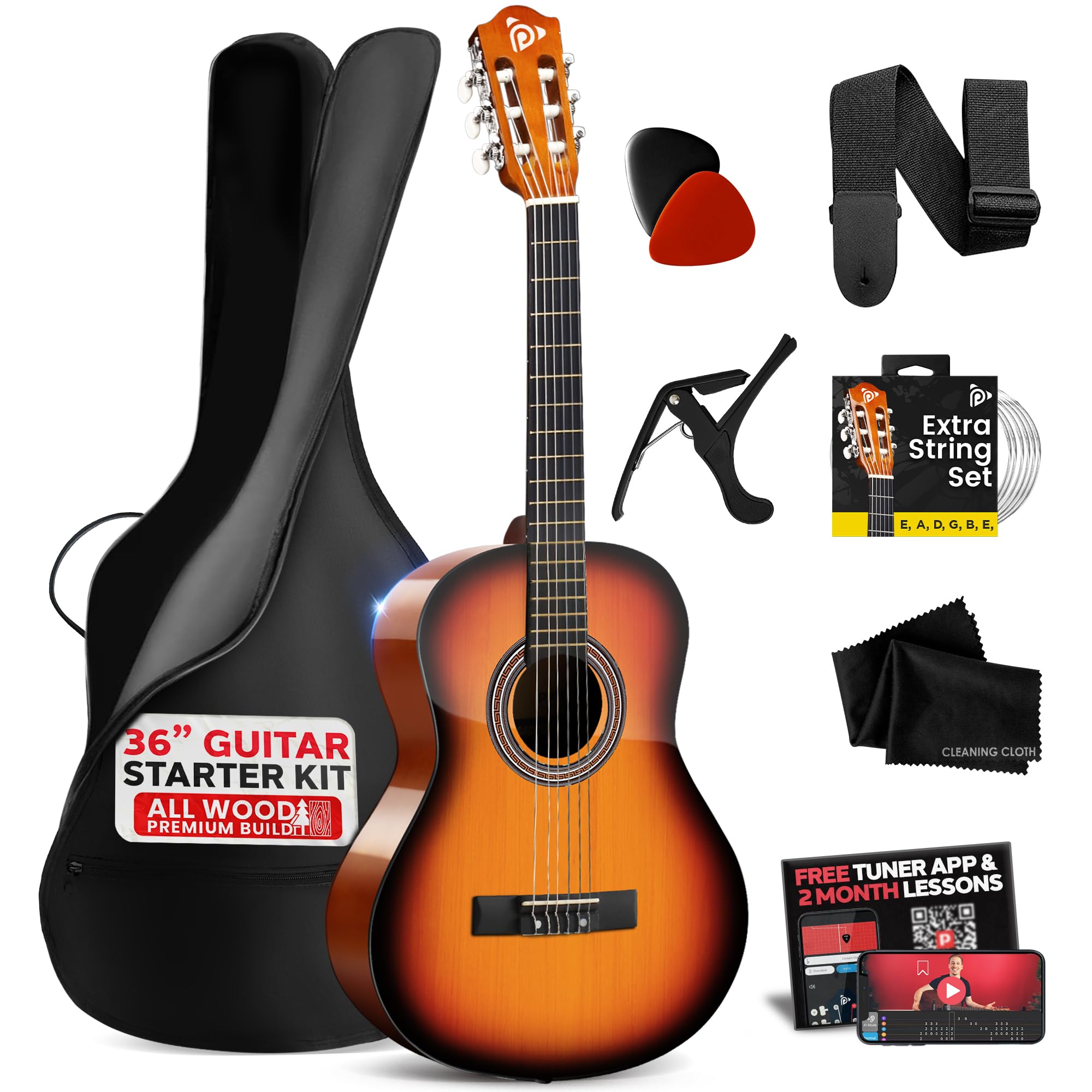 Pyle Beginner Acoustic Guitar Kit, 3/4 Junior Size All Wood Build Nylon Stringed Instrument with Strap, Extra String Set, Gig Ba