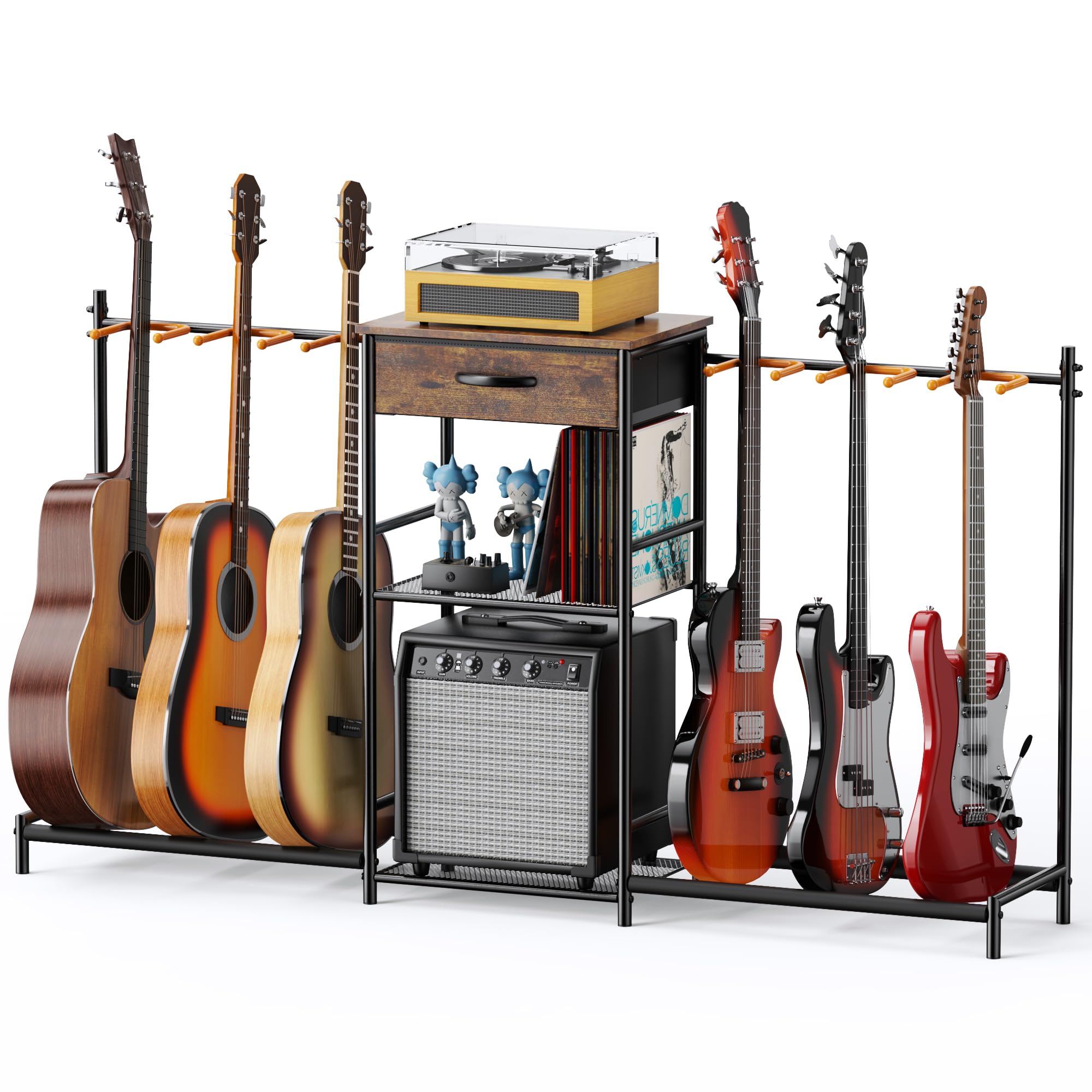 Guitar Stands Floor with 6 Guitar Holders, 3-Tier Guitar Stand Multiple Guitars, Guitar Rack with Amp Stand & Cloth Drawer, Mult