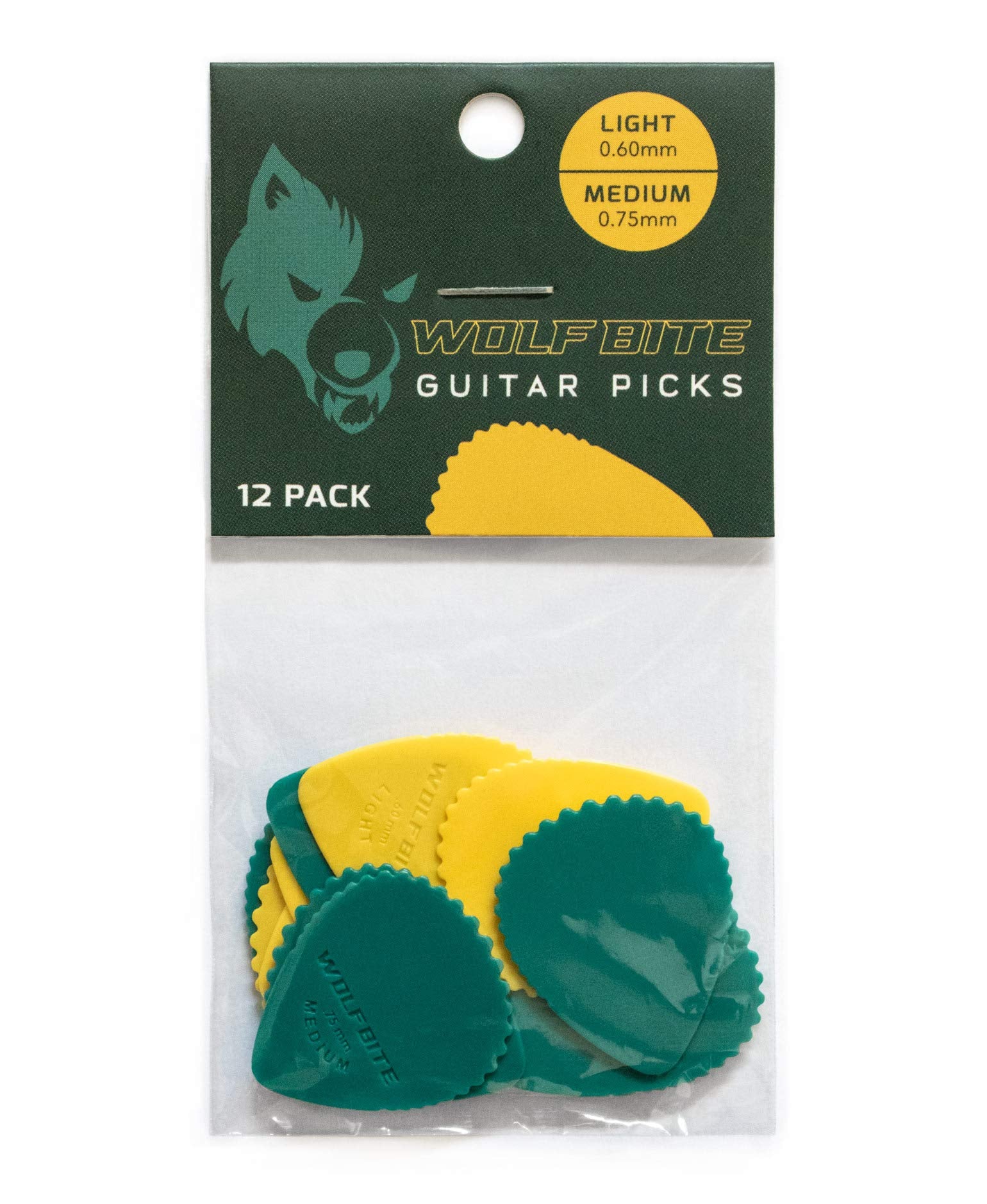 WOLF BITE Guitar Picks | Saw-Toothed Edge Guitar Picks - Medium(.75mm) / Light(.60mm) Variety 12-pack