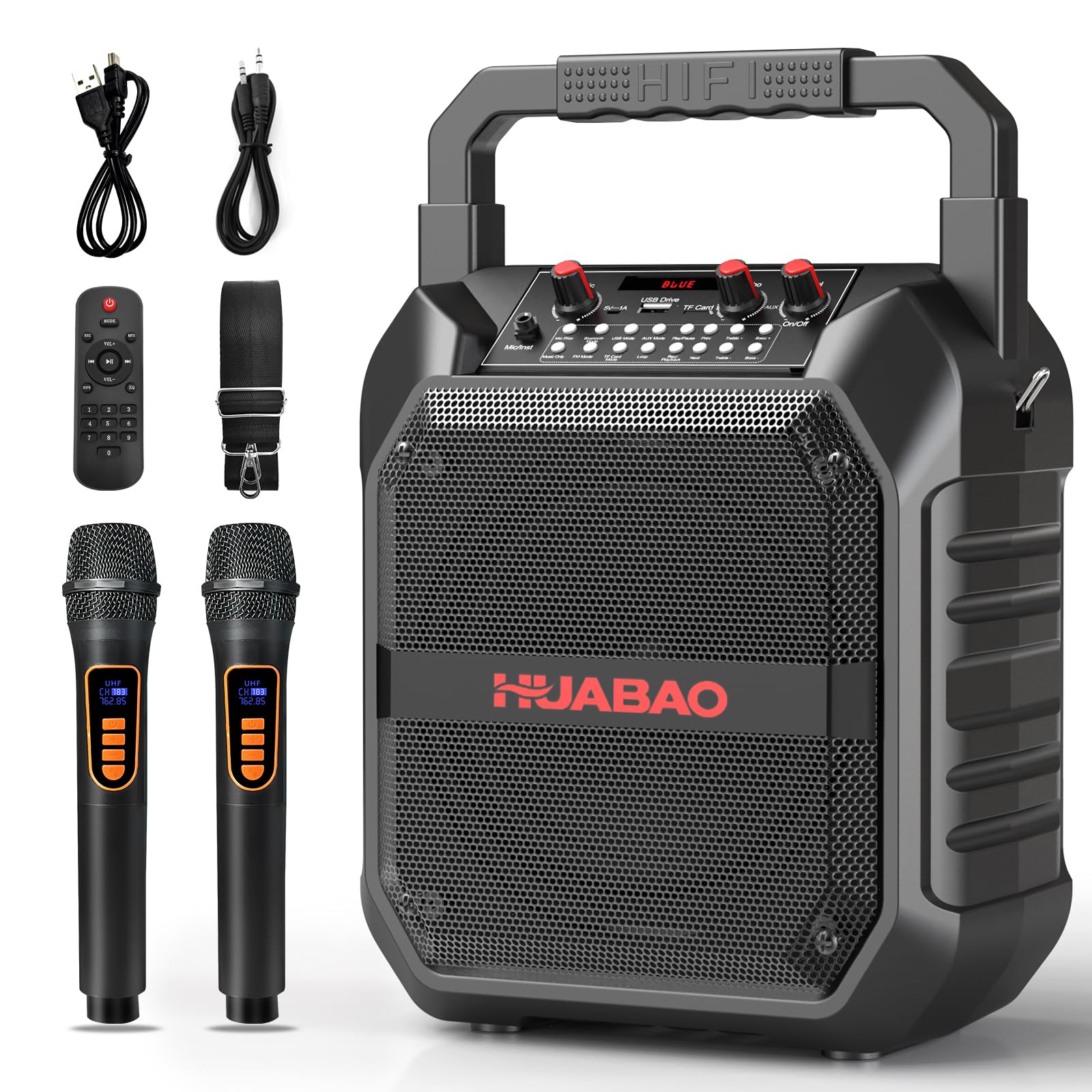 HUABAO Karaoke Machine with 2 Wireless Microphones, Portable Bluetooth Speaker for Adults & Kids, Bass & Treble Adjustment, PA S