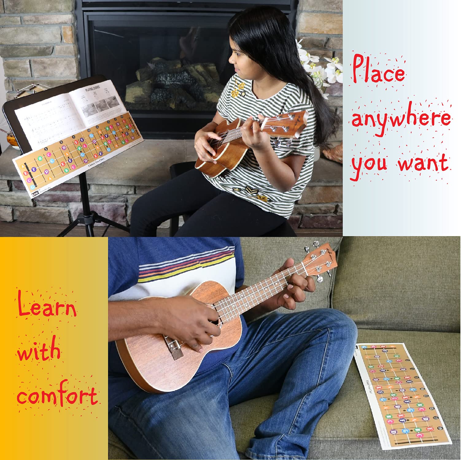 QMG Color Coded Ukulele Guitar Fretboard Note Chart Learn to Play Guitar and Music Theory, Suitable for all Levels, Made in USA