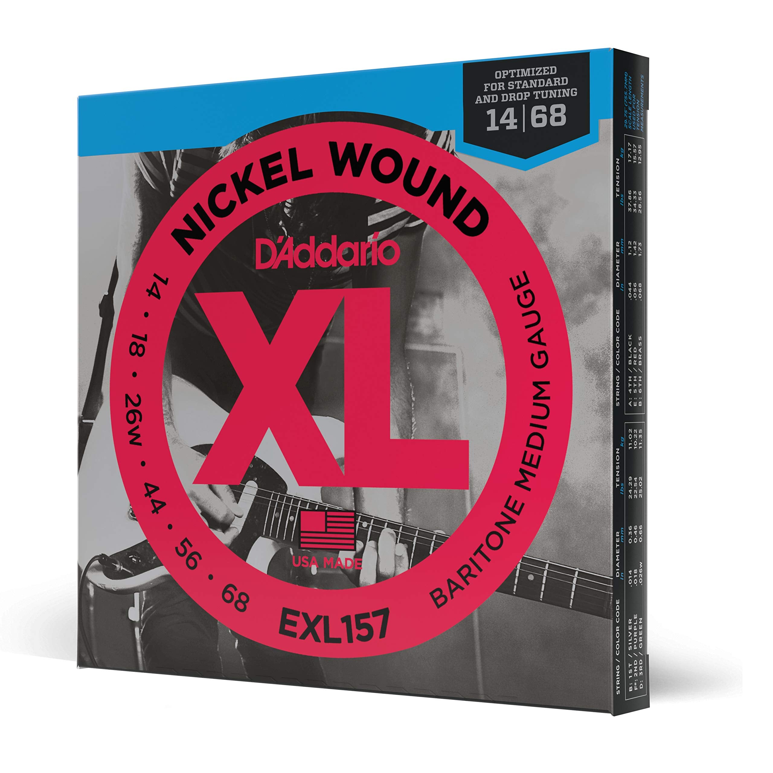 DAddario Electric Guitar Strings, XL Nickel, EXL157, Baritone Medium Gauge 14-68, 6-String Set, Pack of 3