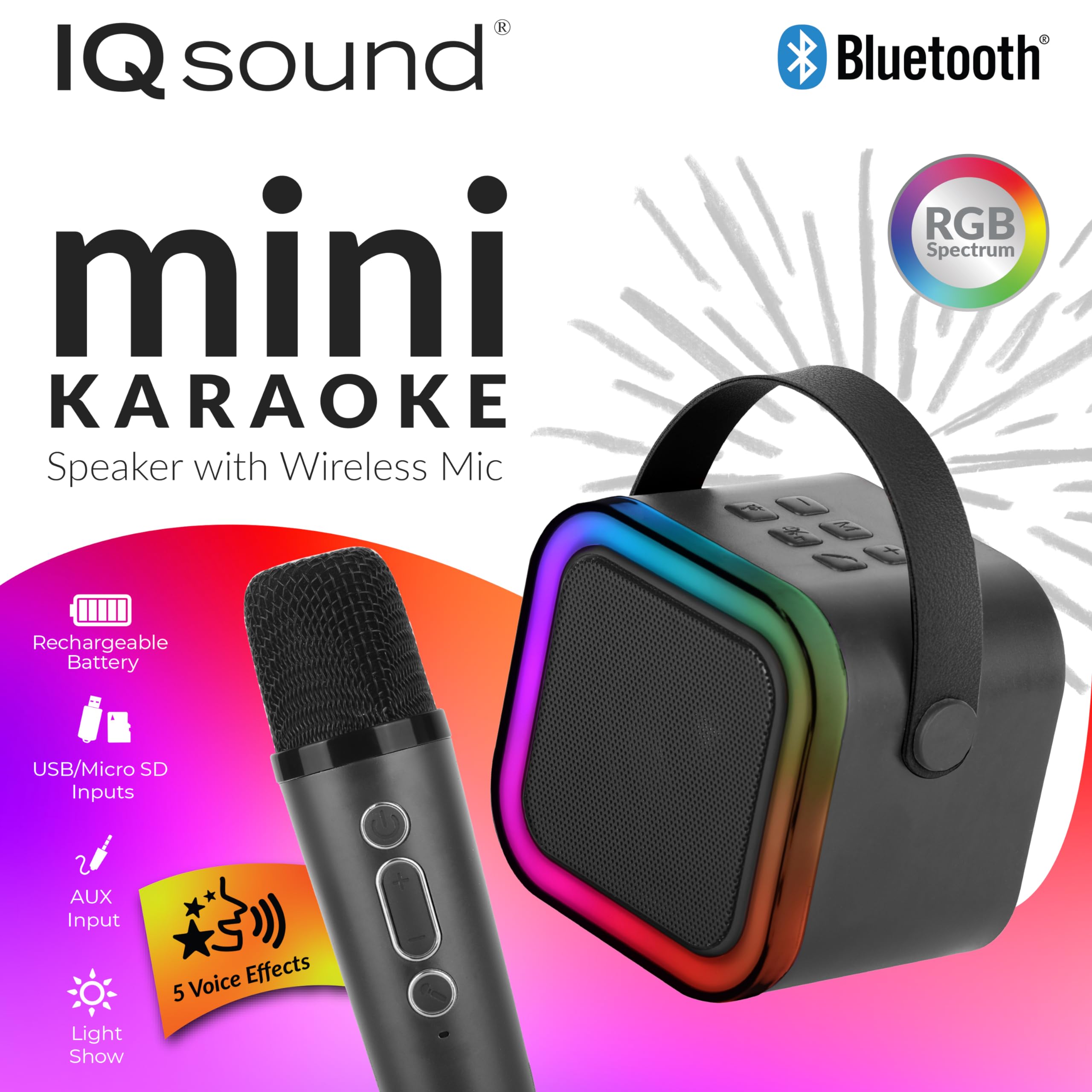IQ SOUND IQ-708K Mini Karaoke Bluetooth Speaker with Wireless Mic, Colorful RGB Party Lights, 5 Voice Effects, Bluetooth 5.3, Pe