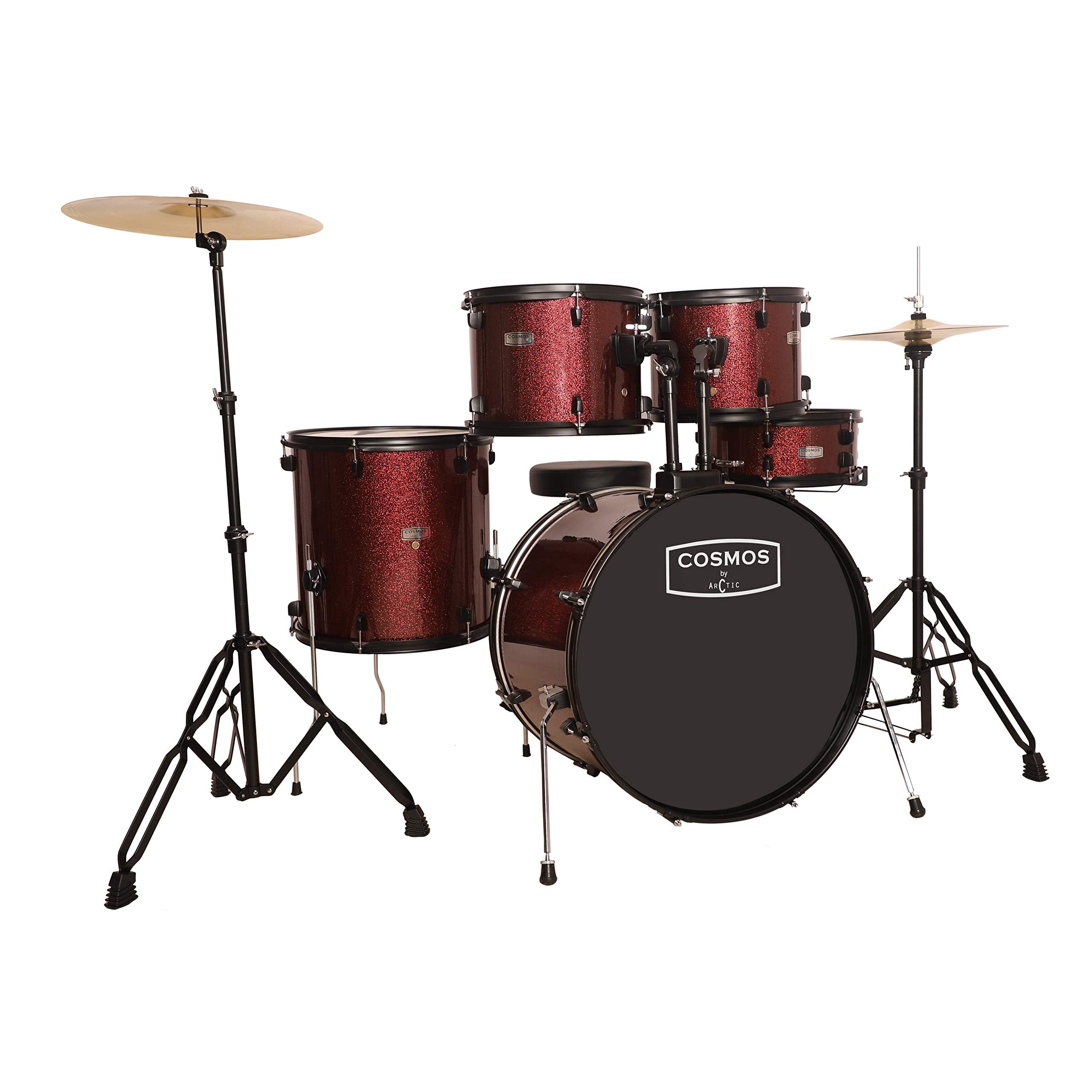 Arctic Cosmos 5 Piece Complete Acoustic Drum Kit/Drumset With Drumsticks, Cymbals And Throne - With Hardware. Best Sounding Shel