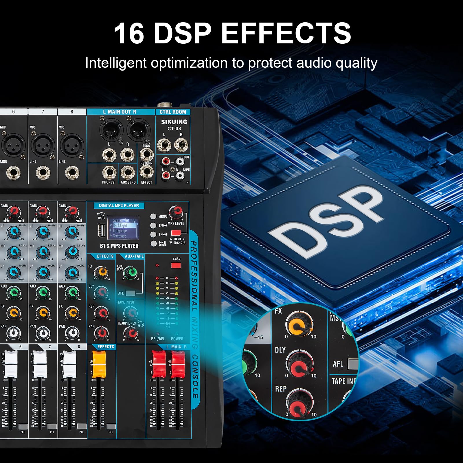 SIKUING 8 Channel Audio Mixer Sound Board Mixer 16 DSP Effect Audio Interfacer w/USB Drive for Computer Recording, 48V Power, XL