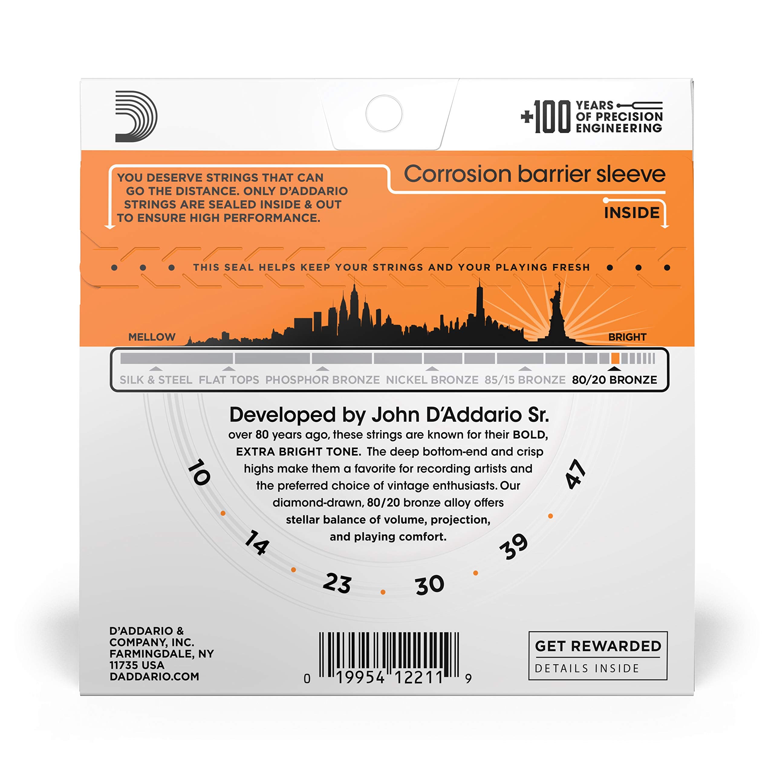 D 'Addario EJ10 Bronze Acoustic Guitar Strings, Extra Light, 10-47 (Pack of 5)