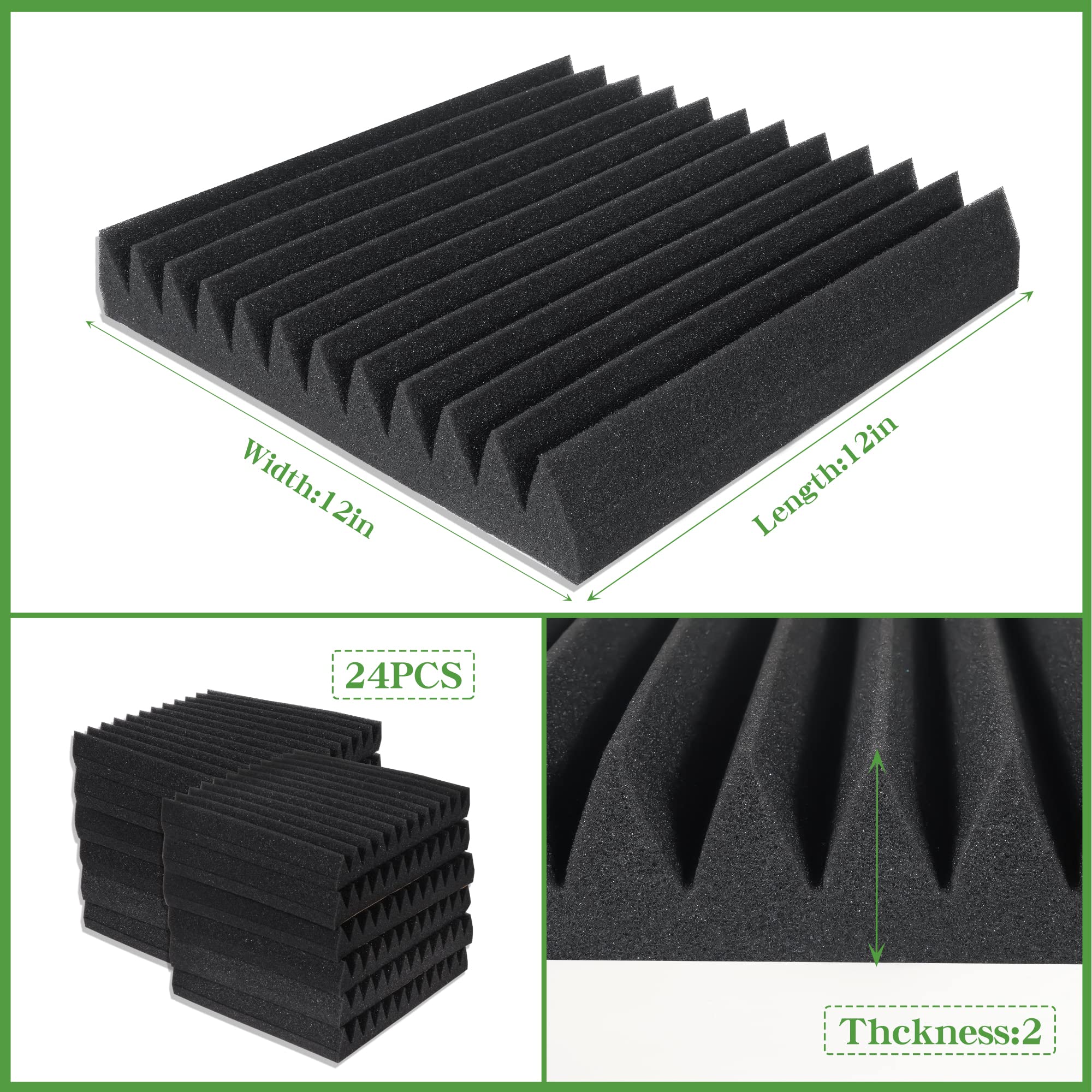 24 Pack Acoustic Panels Self-Adhesive, 2'' X 12'' X 12'' Sound Proof Foam Panels, Quick-Recovery Acoustic Foam Wedges,High Densi
