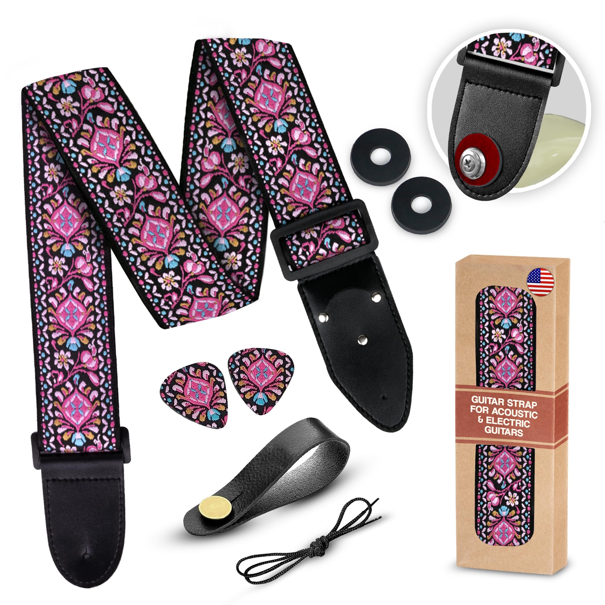 Art Tribute Guitar Strap For Acoustic, Electric And Bass Guitar, Adjustable Pink Woven Strap W/Free Bonus 2 Picks + Strap Locks