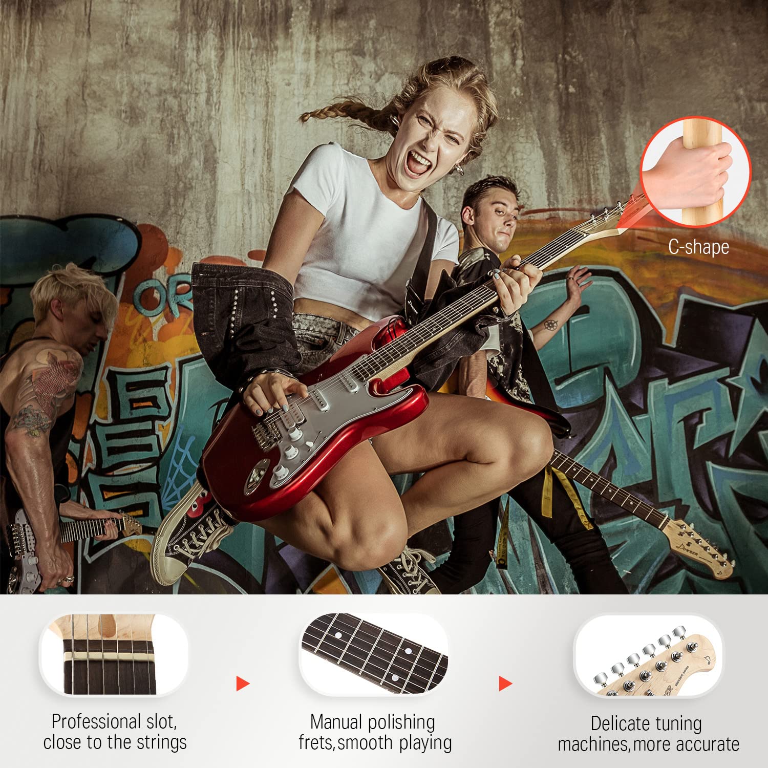 Donner DST-100R 39 Inch Electric Guitar Beginner Kit Red Full Size Solid Body HSS Pick Up Starter Package with All Accessories A