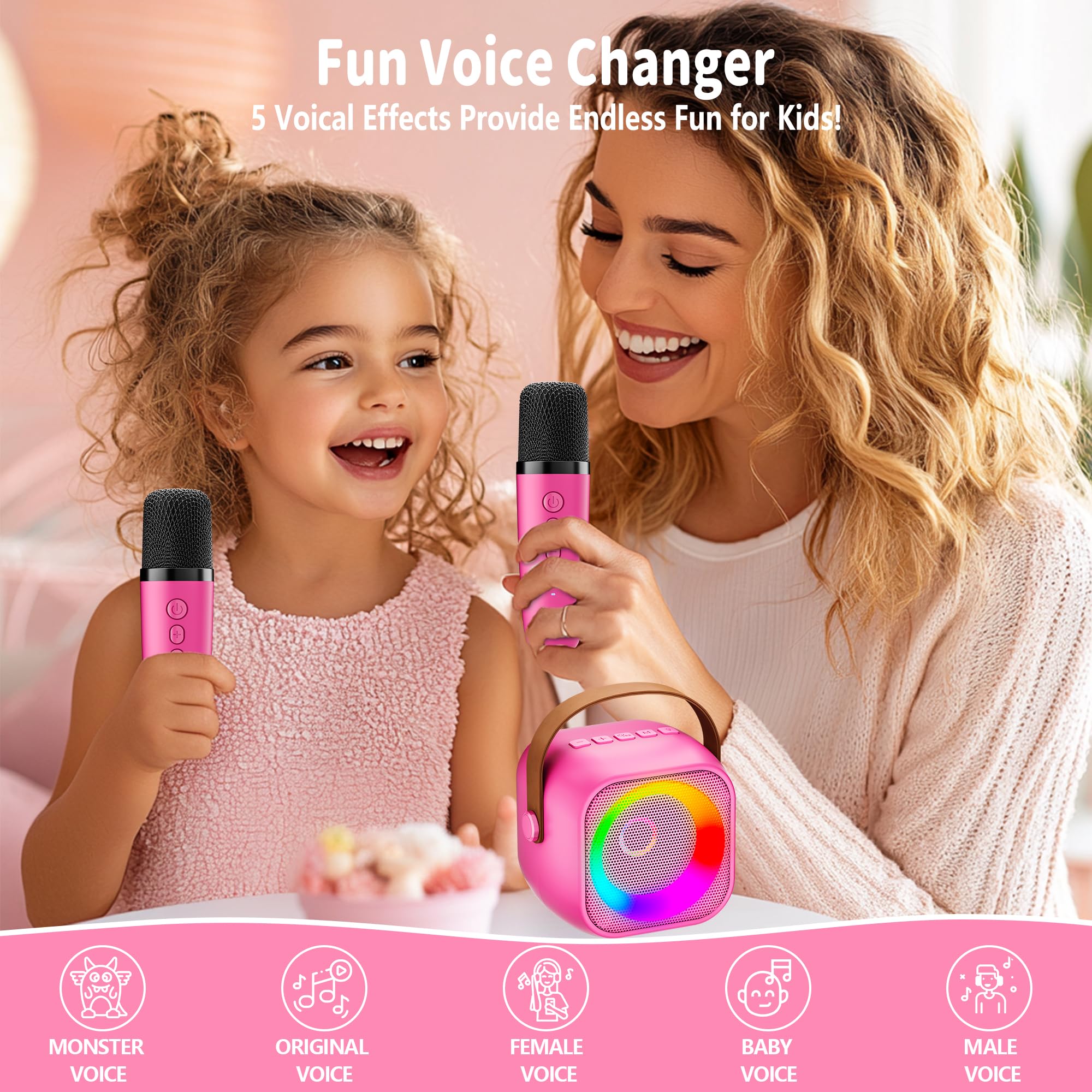 Mini Karaoke Machine with 2 Wireless Microphones for Kids Adults,Portable Bluetooth Karaoke Speaker with Party Lights,Christmas