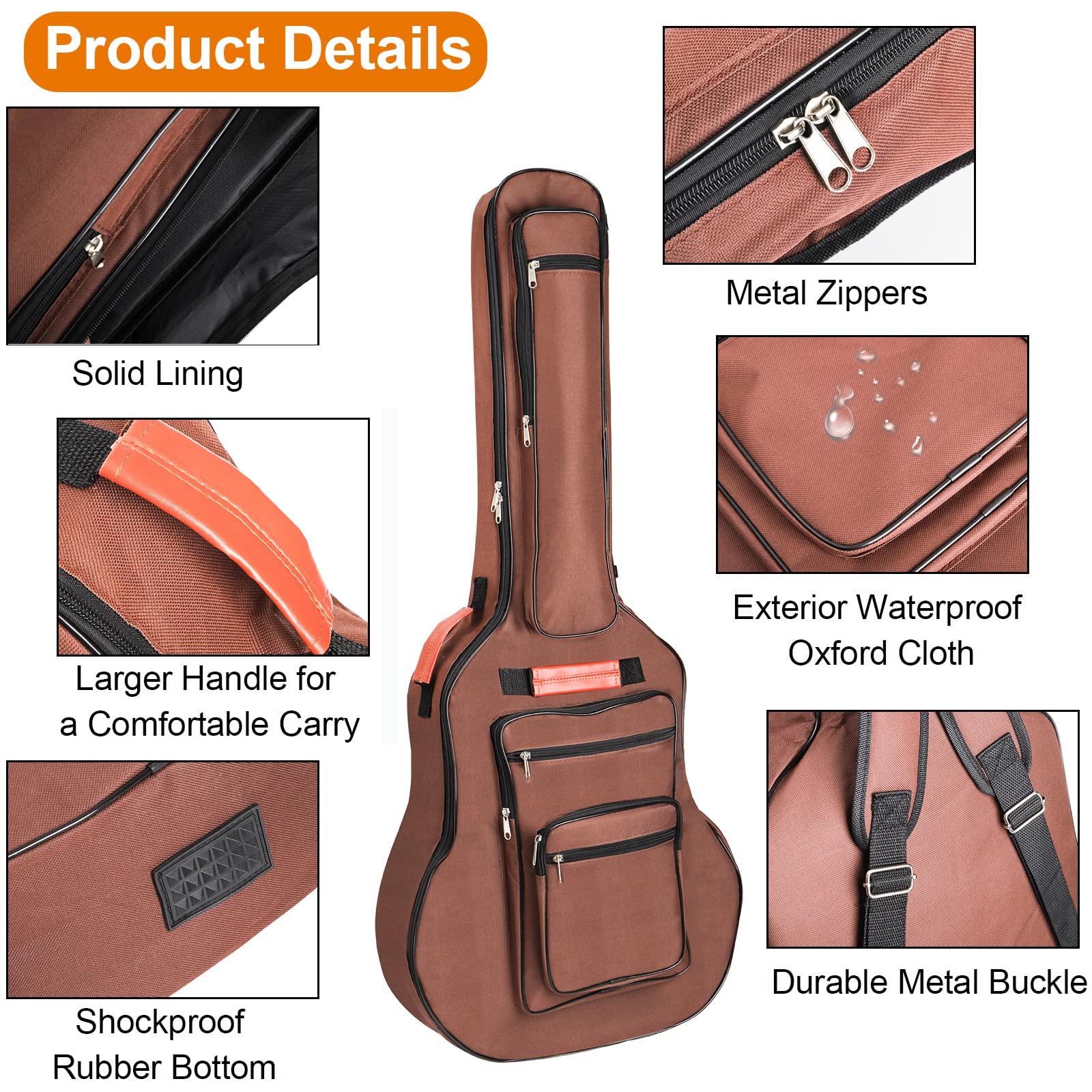 Bekith Acoustic Guitar Bag 40 41 42 Inches, 6 Pockets Guitar Case Waterproof Oxford Cloth Thick Sponge Pad, Dual Adjustable Shou