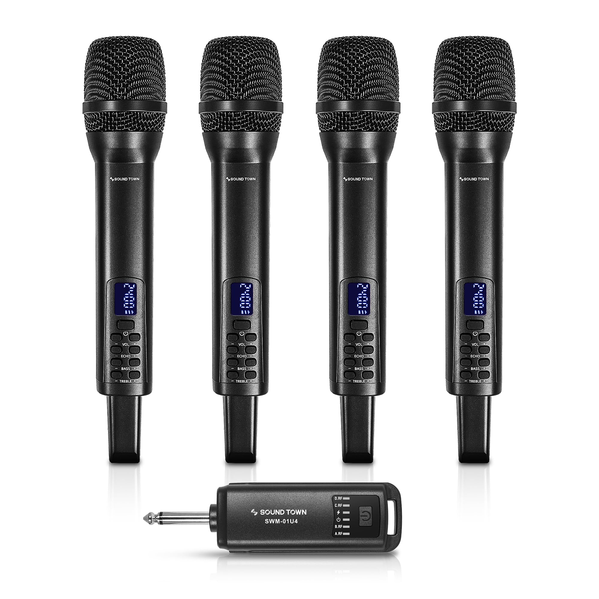 Sound Town 2.4GHz Rechargeable Wireless Microphone System with 4 x Handheld Mic, 1/4 Mini Portable Receiver, Built-in EQ, Effect