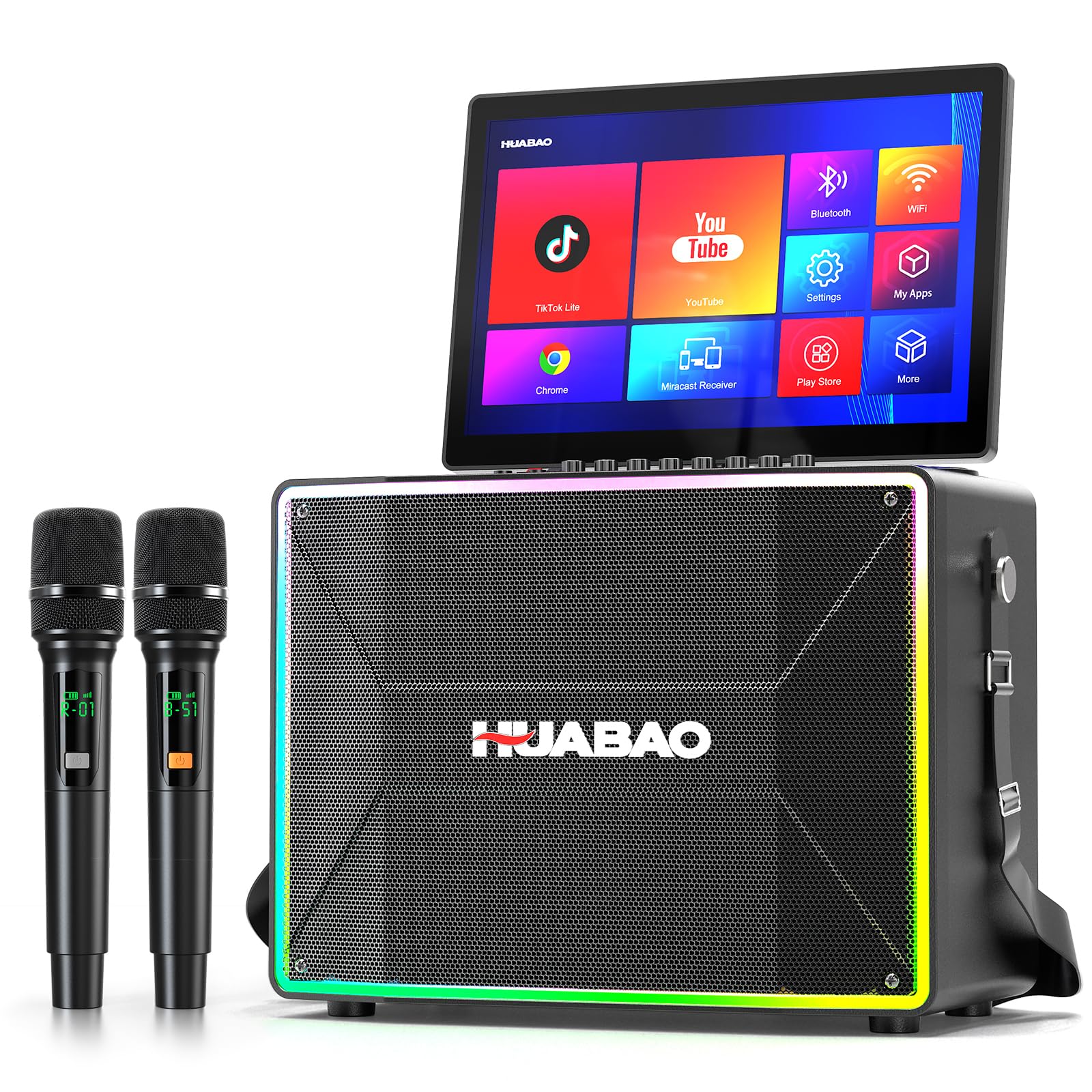HUABAO Smart Karaoke Machine with 14    Tablet, Screen & Lyrics Display, Professional Karaoke Speaker, 2 Wireless Microphones, B