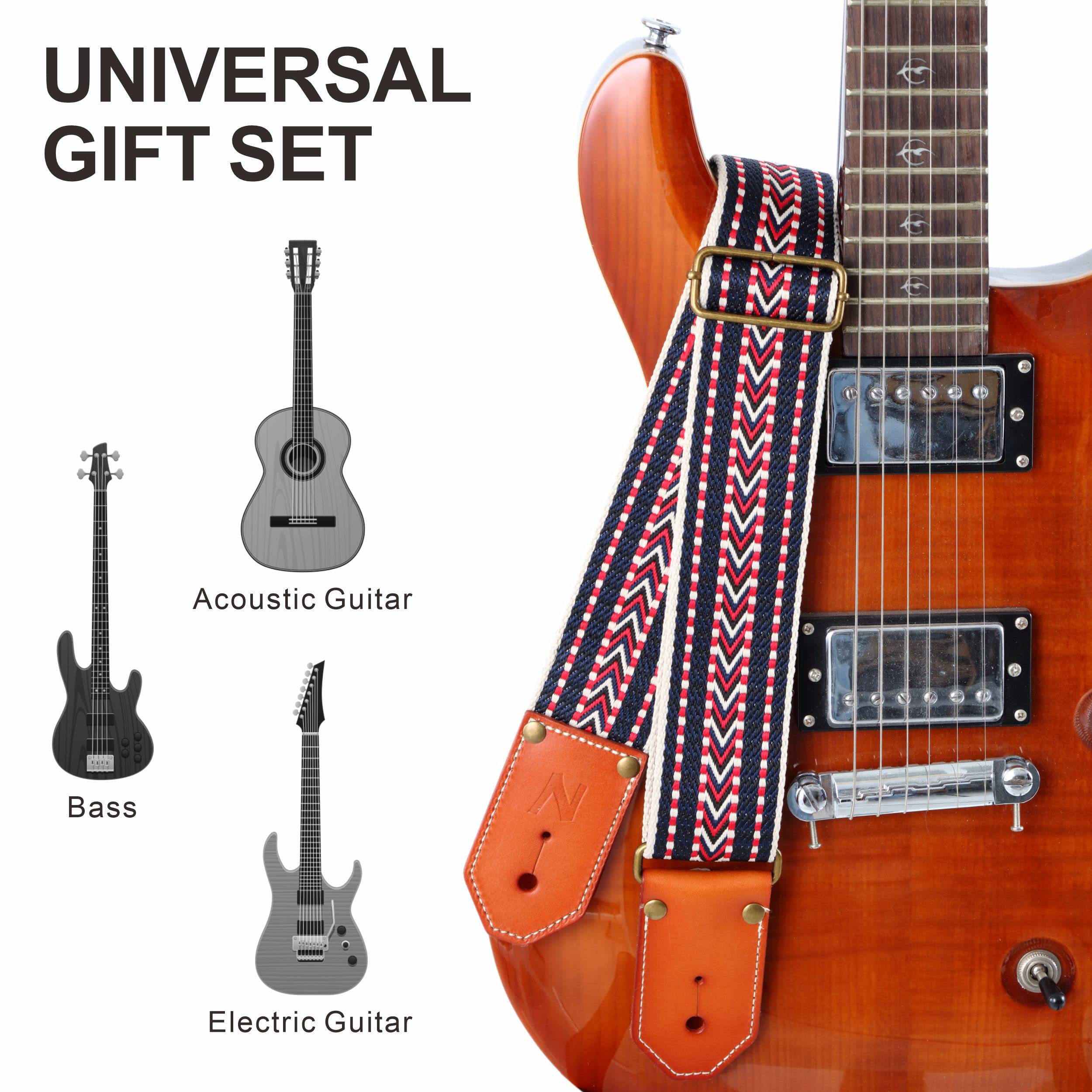 Nefelibata Cool Woven Guitar Strap-Cotton Guitar Straps with Thicked First Layer Vegetable Tanned Cowhide Leather Ends for Acous