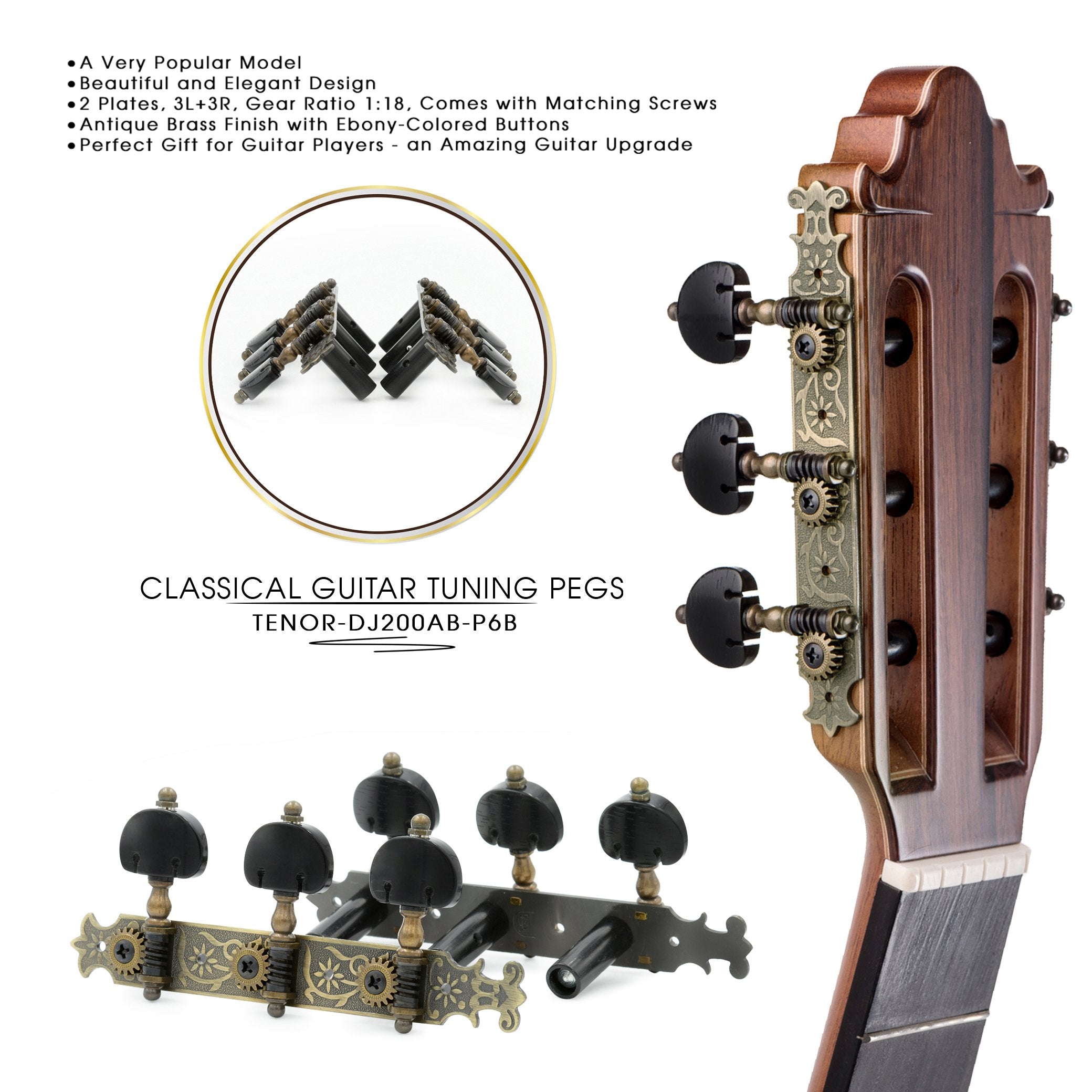 DJ200AB-P6B TENOR Classical Guitar Tuners Professional Tuning Key Pegs/Machine Heads for Classical or Flamenco Guitar in Antique