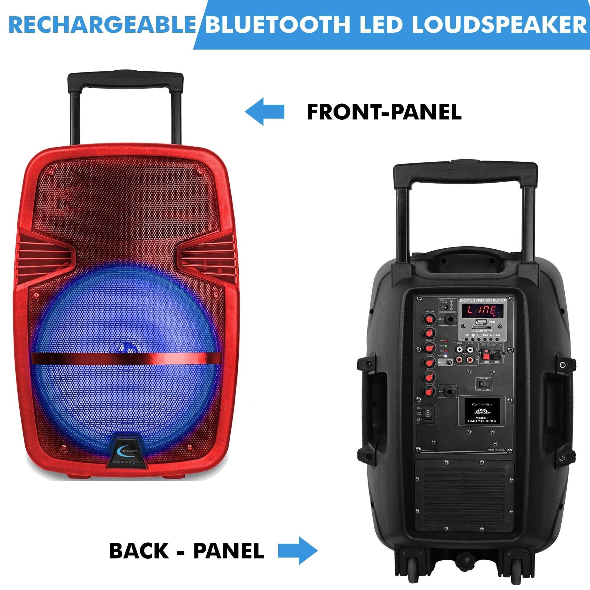 Technical Pro 15'' Portable Rechargeable Battery Powered 3000 Watts Pro DJ Bluetooth LED Loudspeaker Package with Tripod Stand,