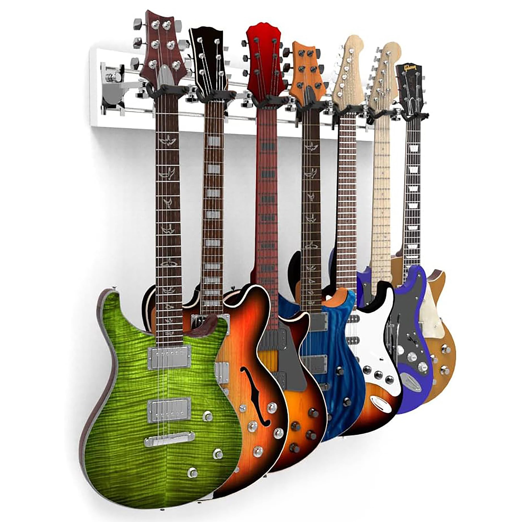 Dldirect Multiple Wall Mount With 7 Guitar Holder Locking System, 48-Inch White Hanger For Guitars And Ukuleles