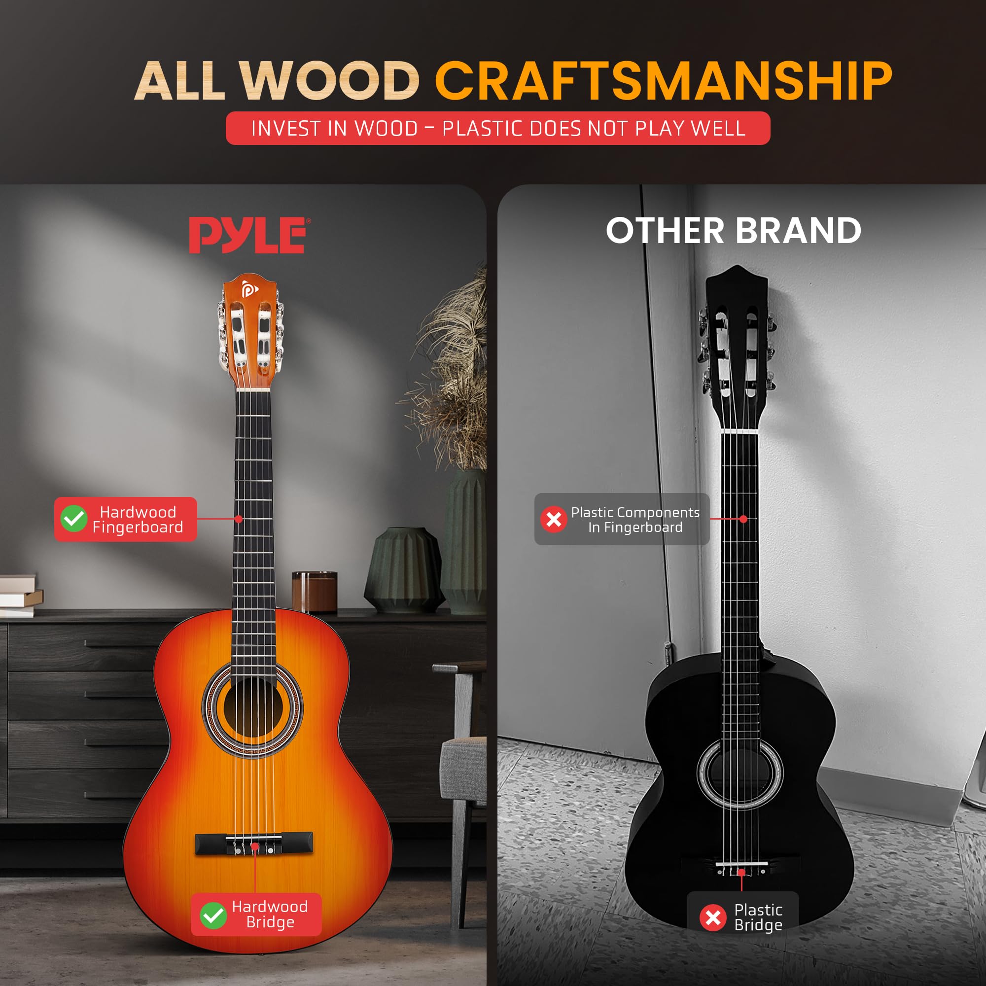 Pyle Beginner Acoustic Guitar Kit, 3/4 Junior Size All Wood Instrument for Kids, Adults, 36'' Cherry Sunburst