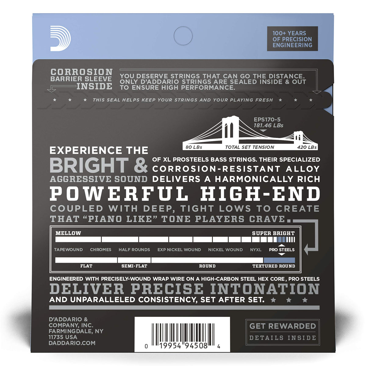 130 String Bass D'Addario Bass Guitar Strings, Xl Pro Steels, Eps170-5, Long Scale ...