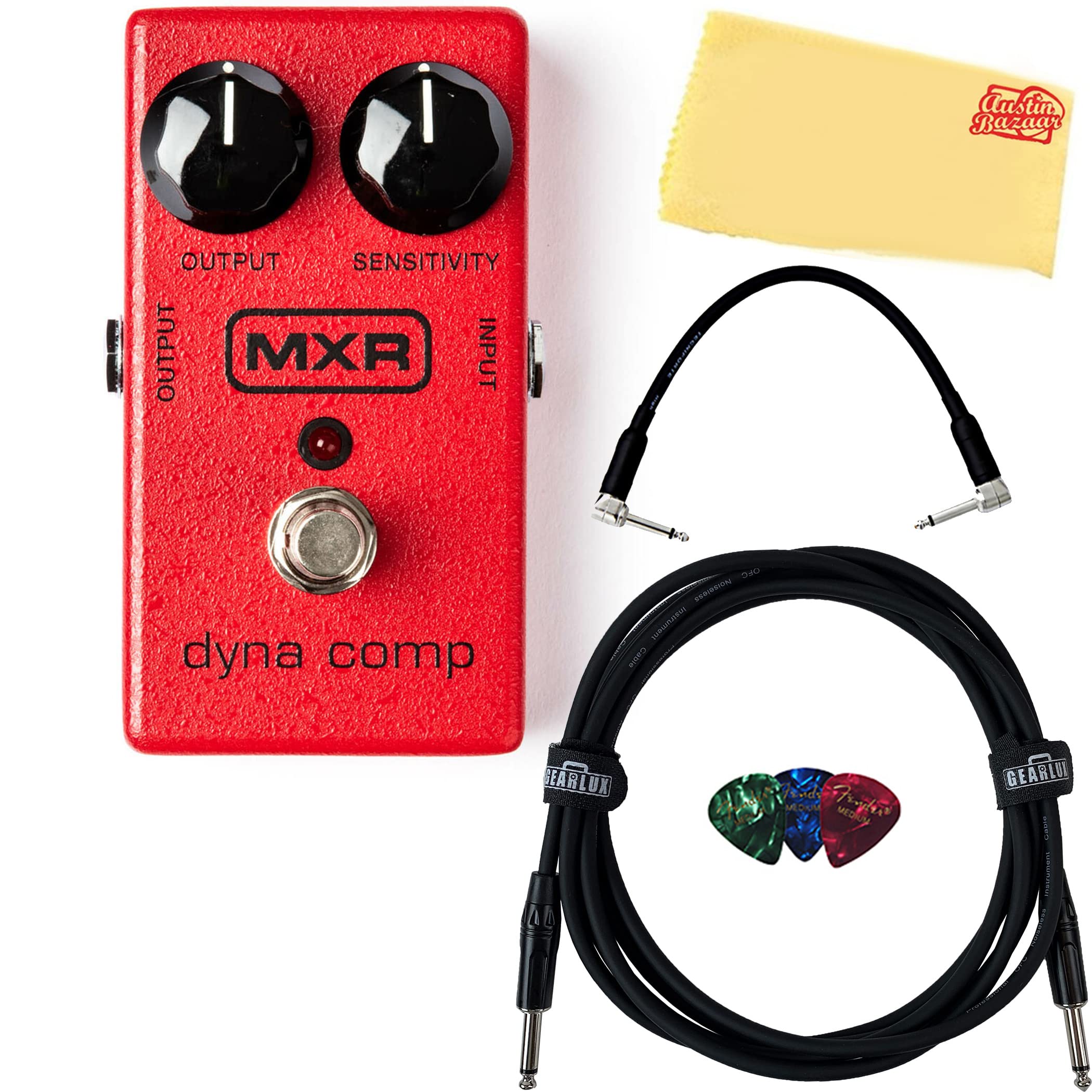 Mxr M102 Dyna Comp Compact Compression Pedal Bundle With Instrument Cable, Patch Cable, 3 Pack Fender Picks, And Austin Bazaar P