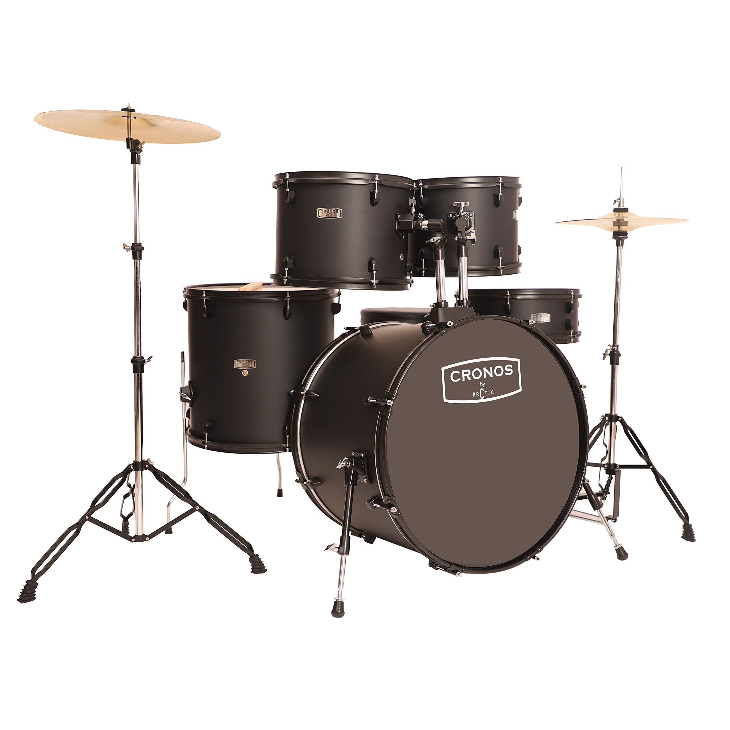 Arctic Cronos 5 Piece Complete Acoustic Drum Kit/Drumset With Drumsticks, Cymbals And Throne - Nickel Hardware. Best Sounding Sh