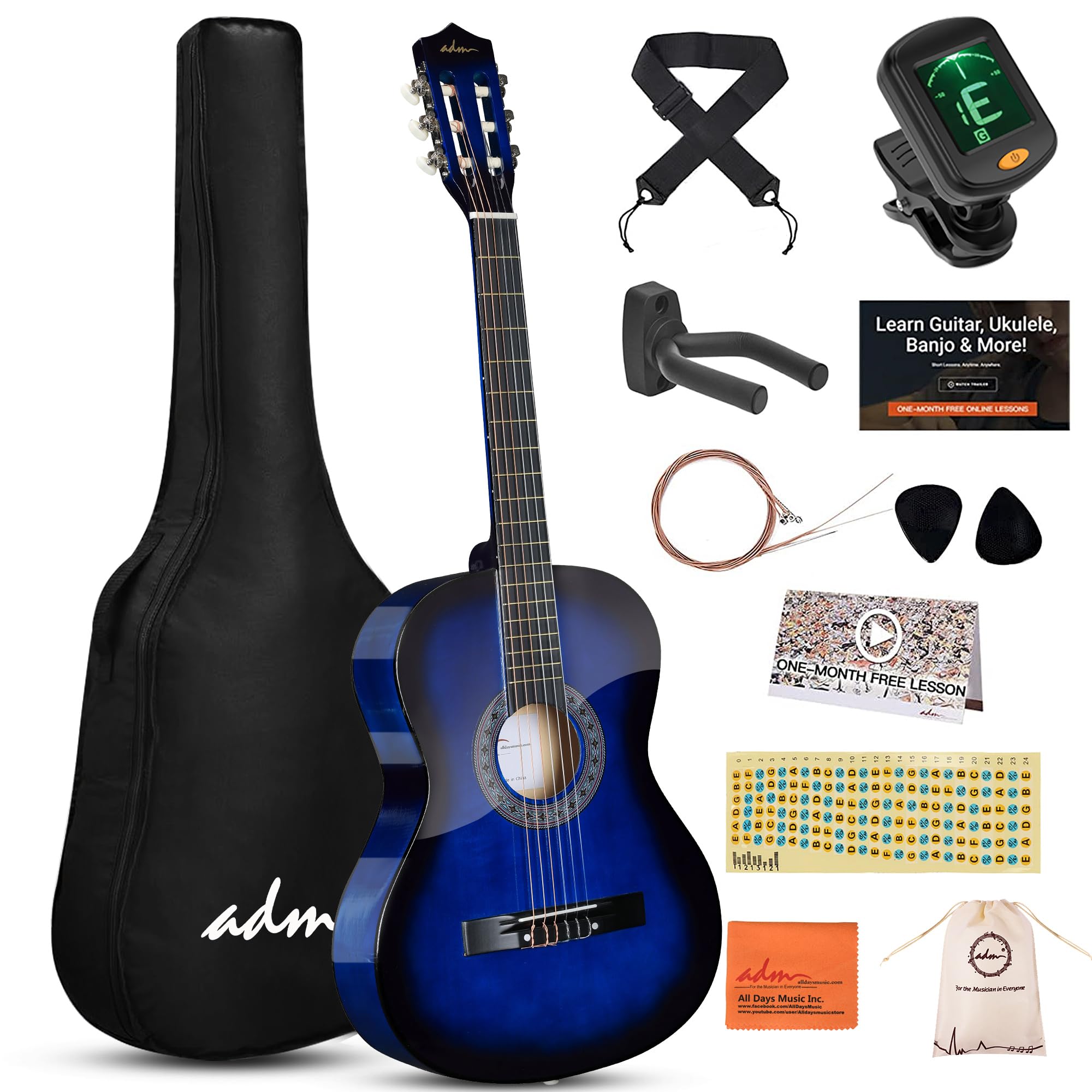 Adm Beginner Acoustic Classical Guitar 38 Inch Nylon Strings Wooden Guitar Bundle Kit For Kid Boy Girl Student Youth Guitarra On